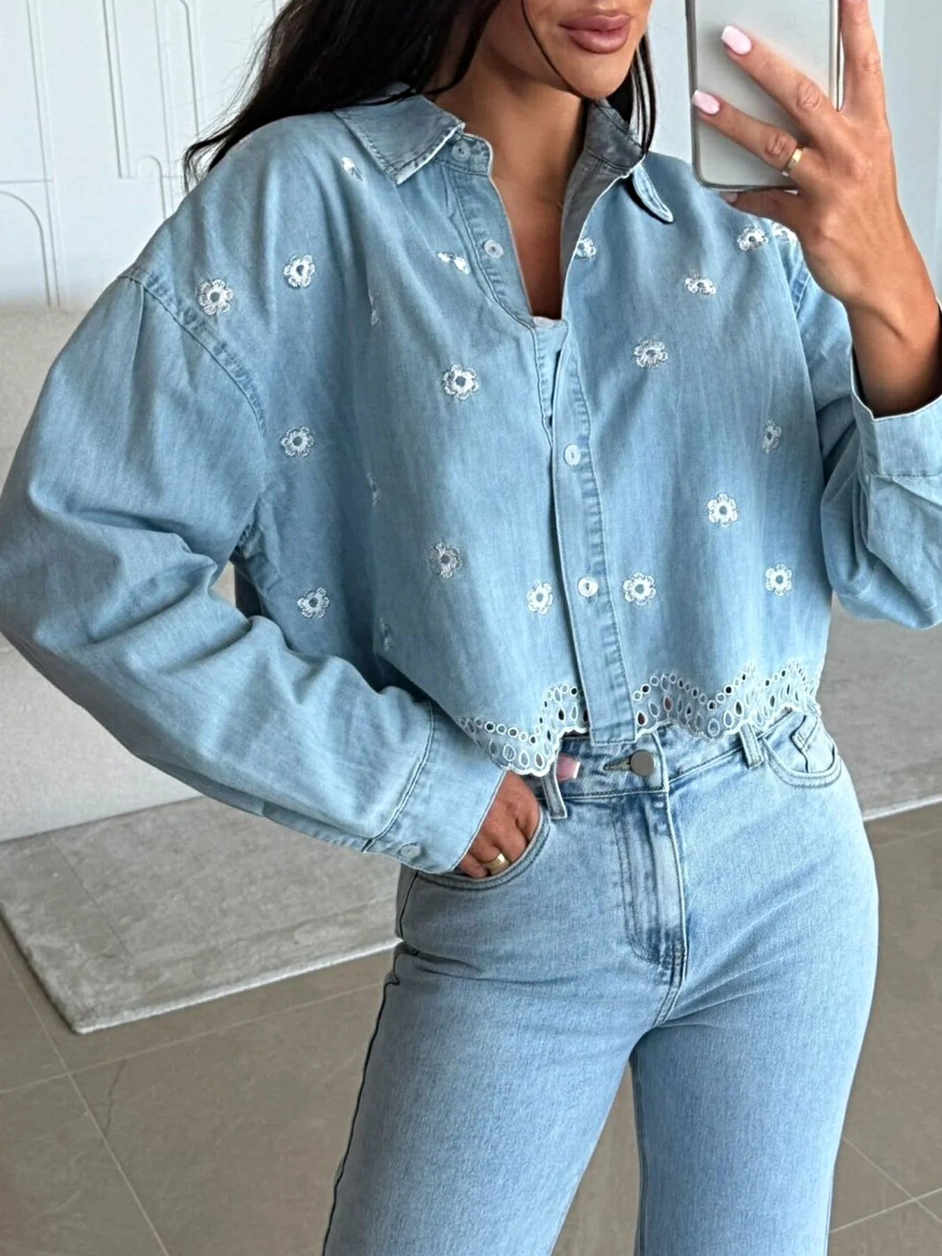Embroidered Cropped Denim Shirt -