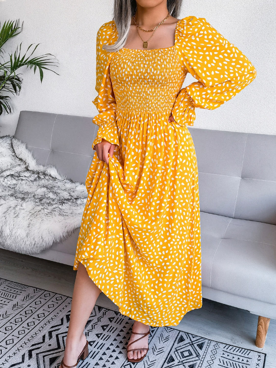 Smocked Square Neck Flounce Sleeve Dress -