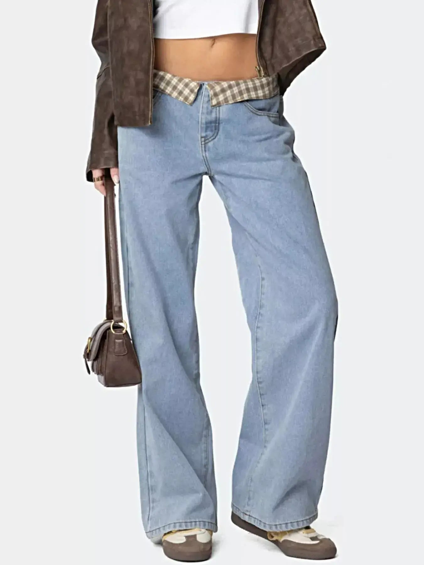 Plaid Trim Wide Leg Jeans -