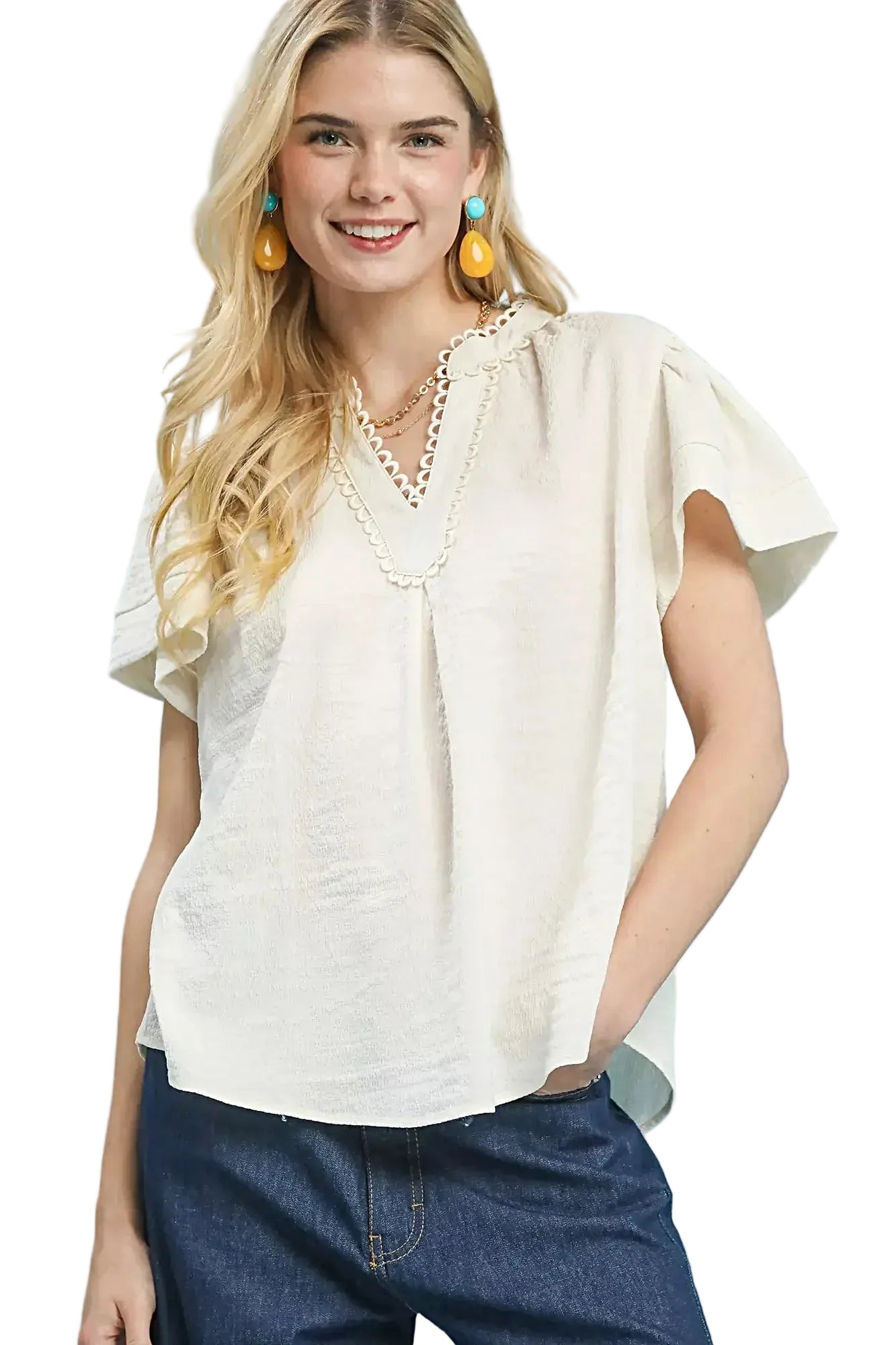 Umgee Seersucker Short Sleeve Top with Lace Trim -