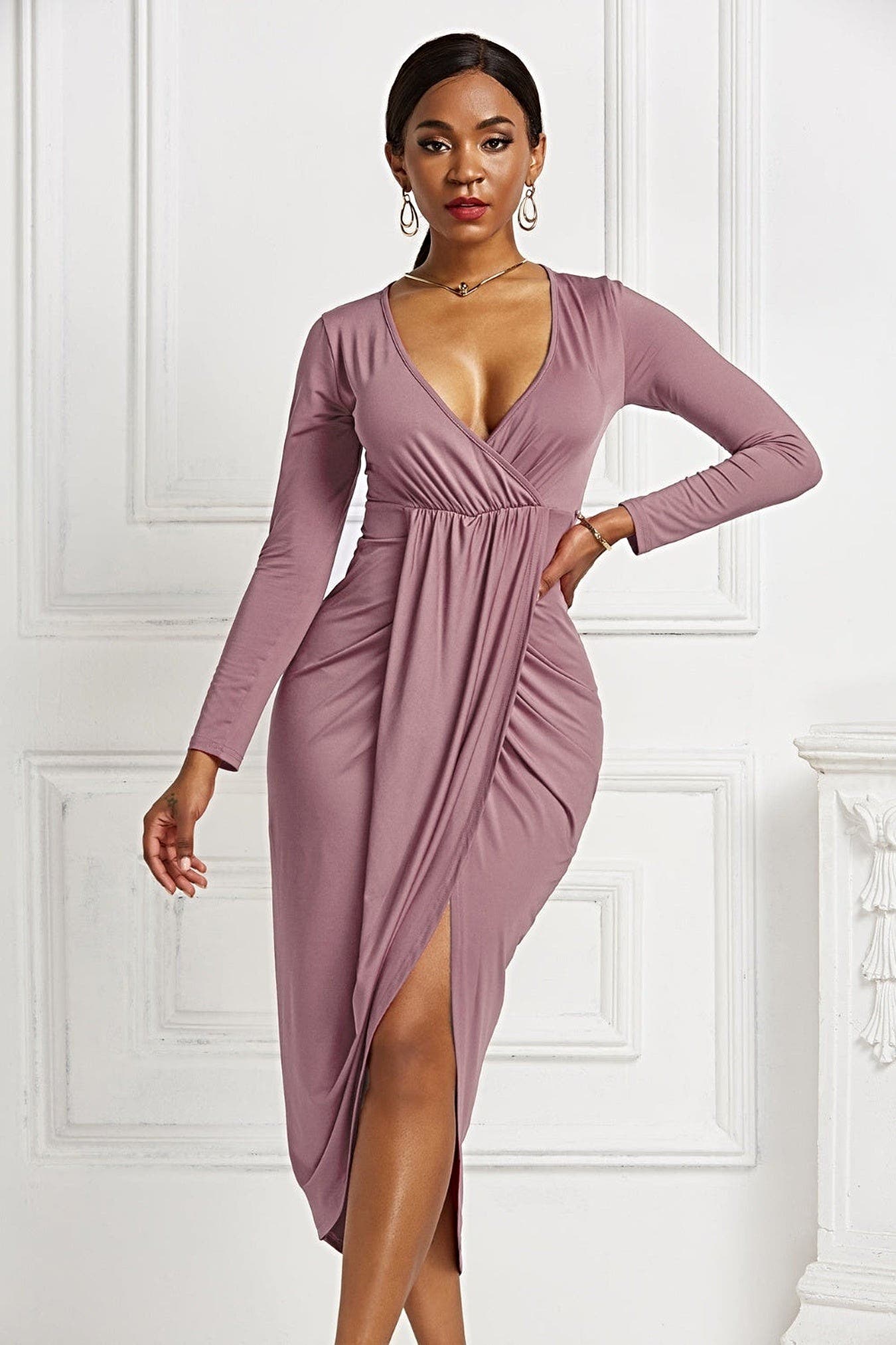 High-low Ruched Surplice Long Sleeve Dress -
