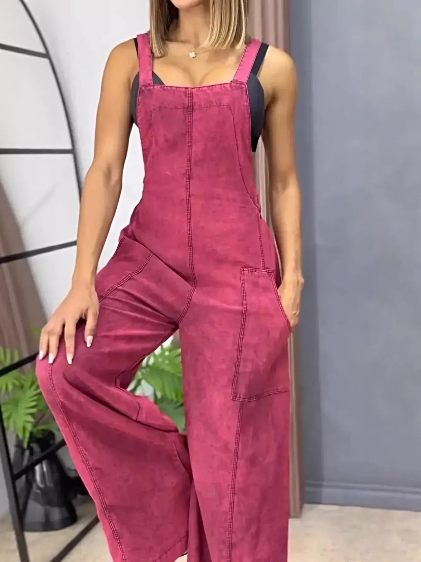 Full Size Vintage Wash Wide Leg Denim Overalls Plus Size -