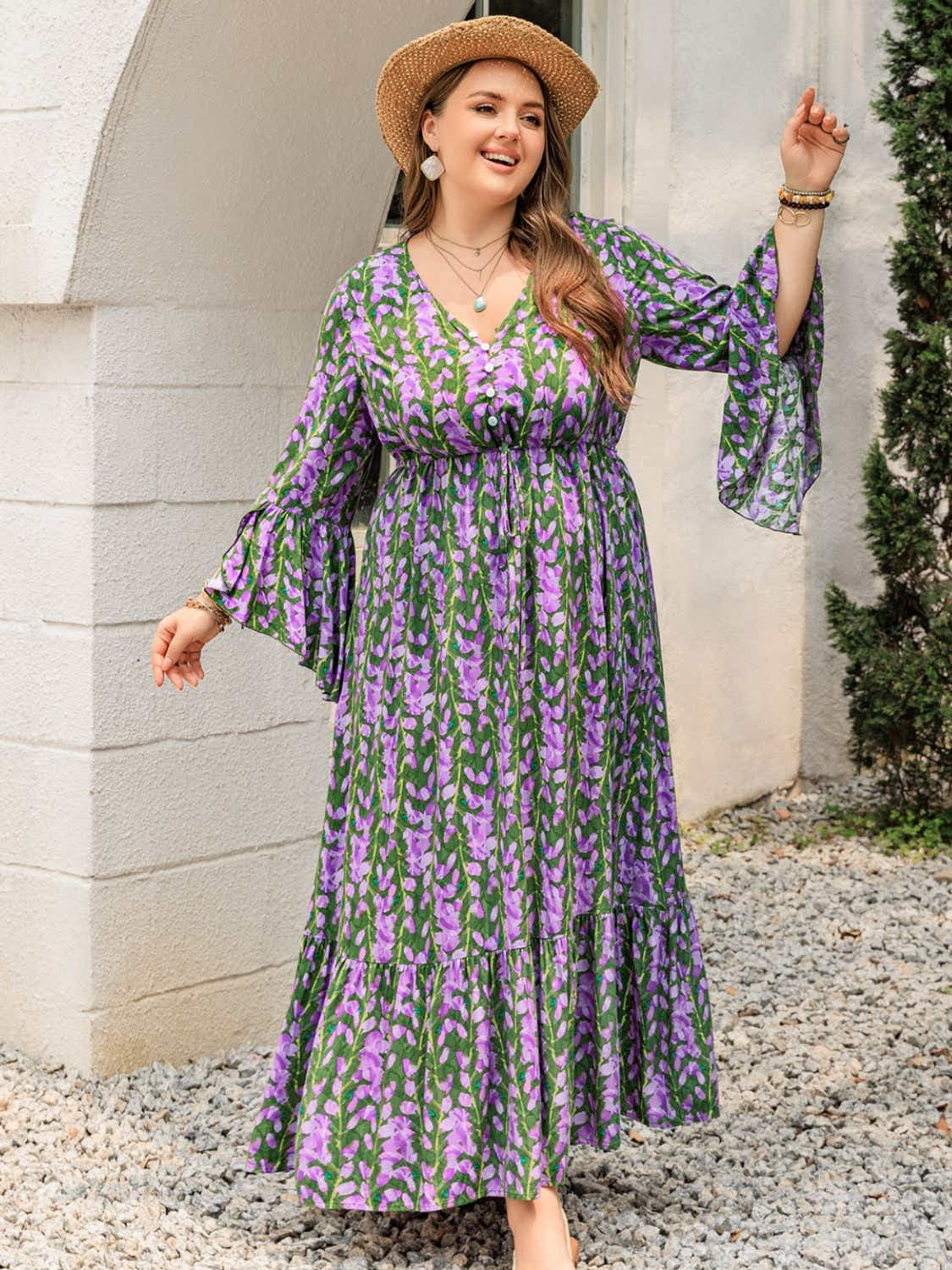 Plus Size Printed V-Neck Long Sleeve Maxi Dress Trendsi