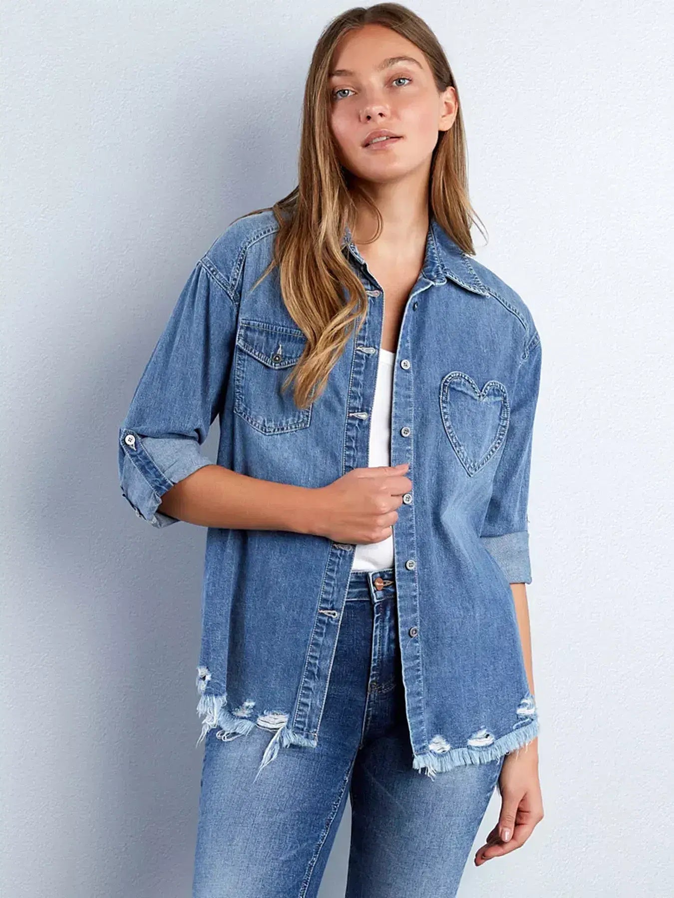 Frayed Hem Roll-Up Sleeve Denim Shirt -
