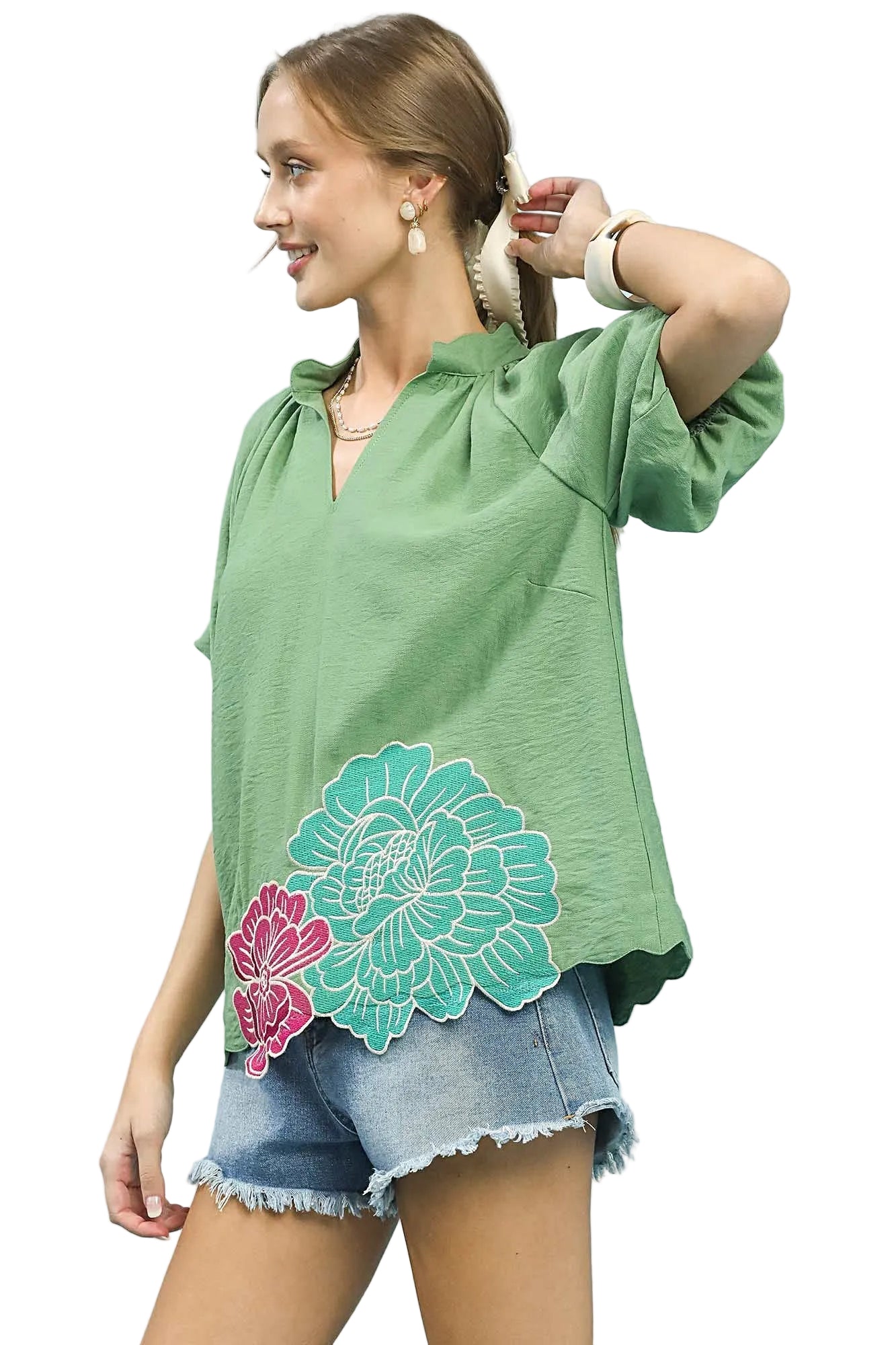Umgee Floral Embroidered Hem Blouse -