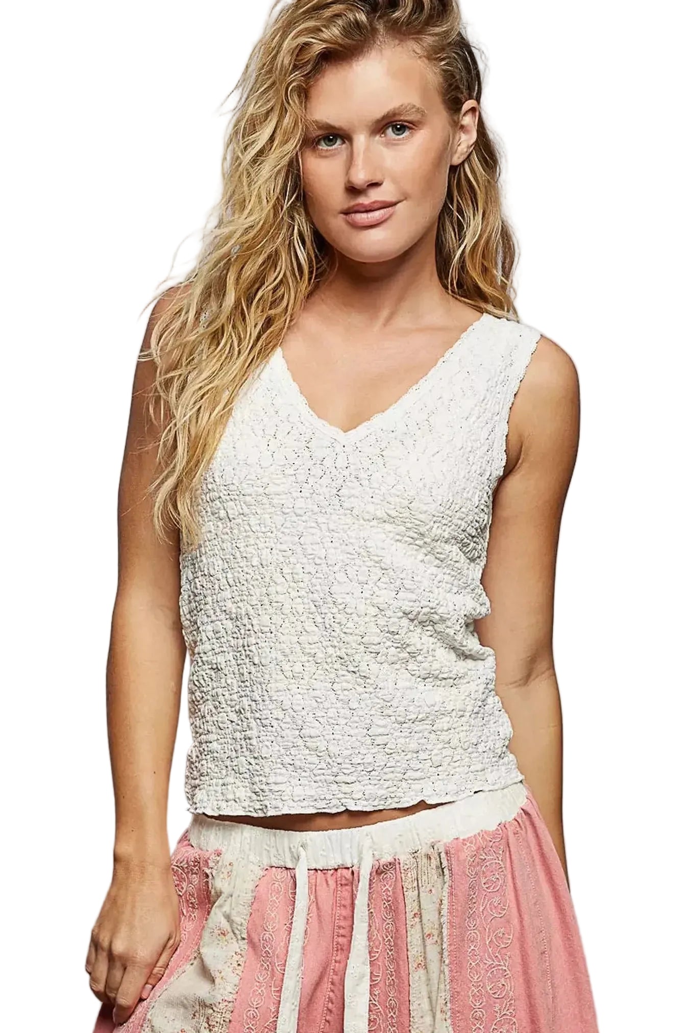 POL Textured Knit V-Neck Tank with Lace Trim -
