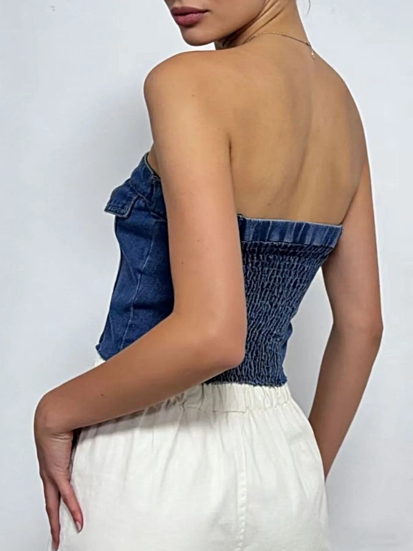 Button Front Denim Tube Top -