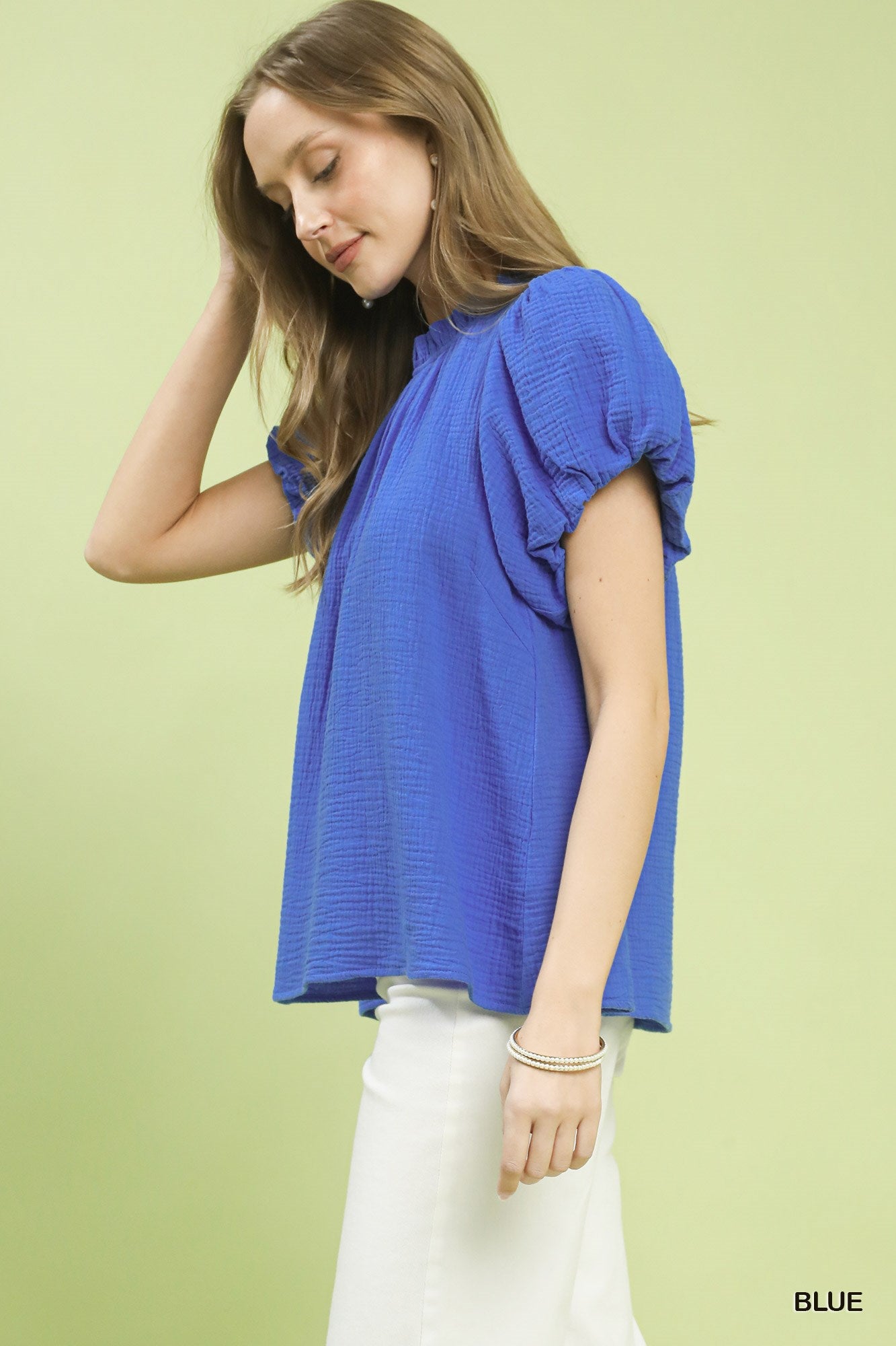 Umgee Textured Gauze Ruffle Neck Boho Top -