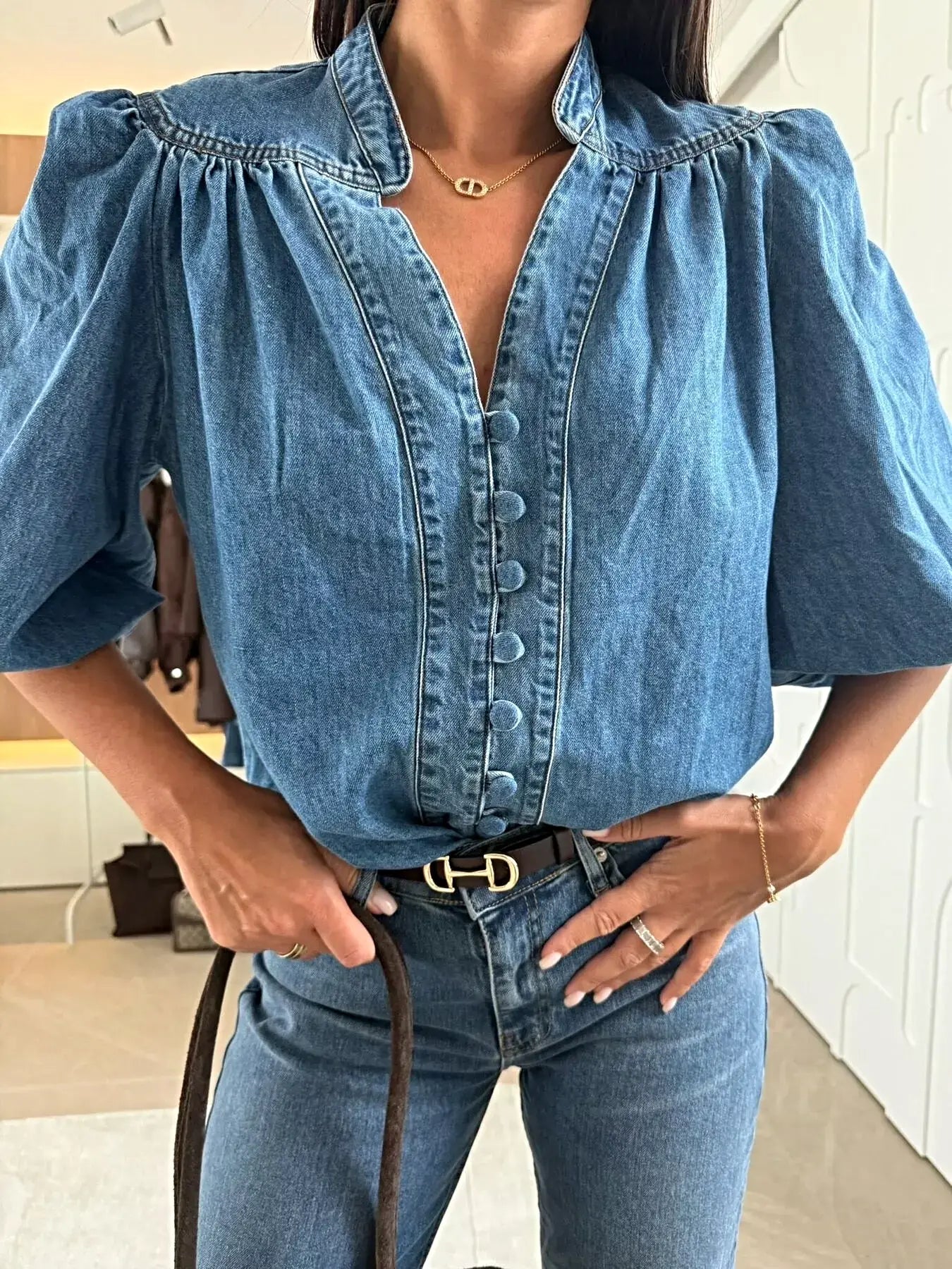 Button-Down Puff Sleeve Denim Top -