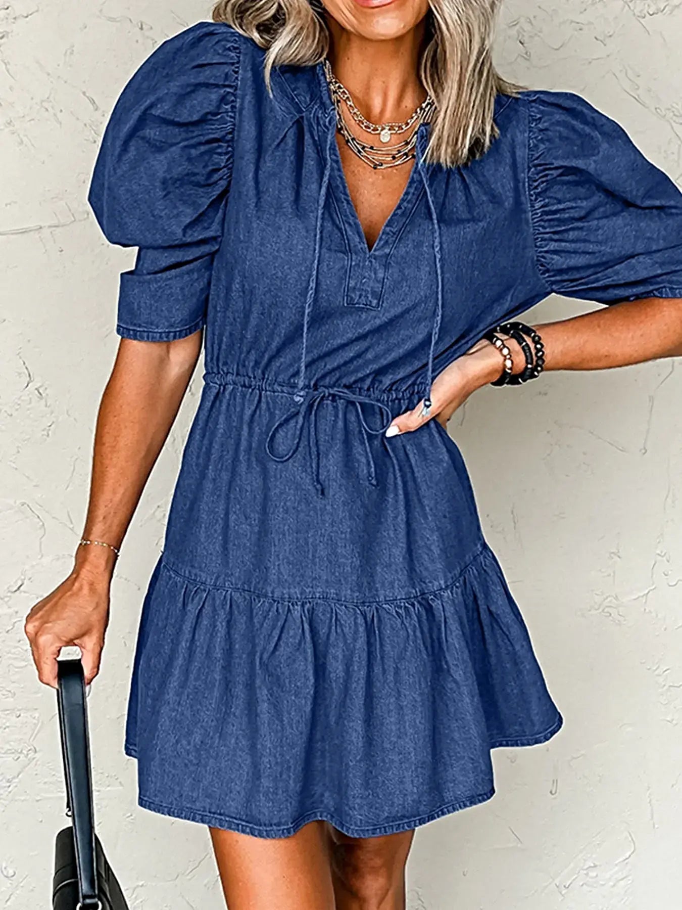Drawstring High Waist Puff Sleeve Denim Mini Dress -