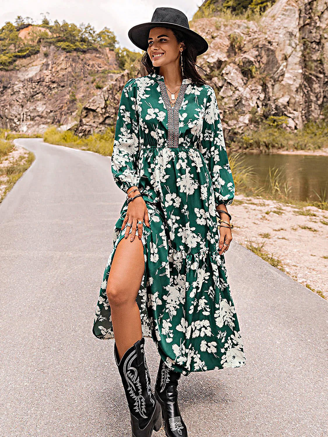 Printed Notched Neck Maxi Dress -