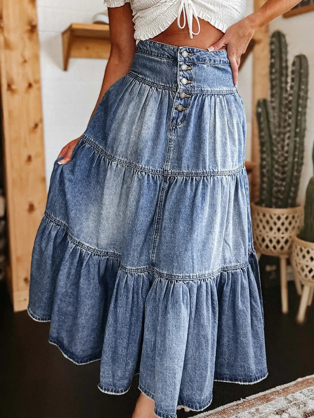 Tiered Button-Fly Denim Skirt -