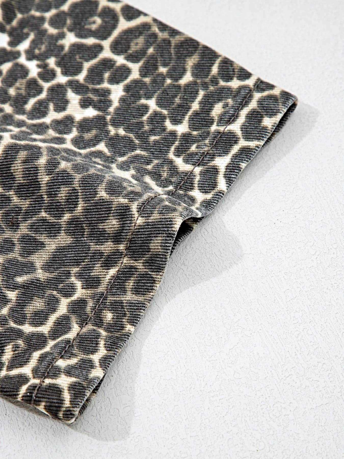 Leopard Print Short Sleeve Denim Shirt -