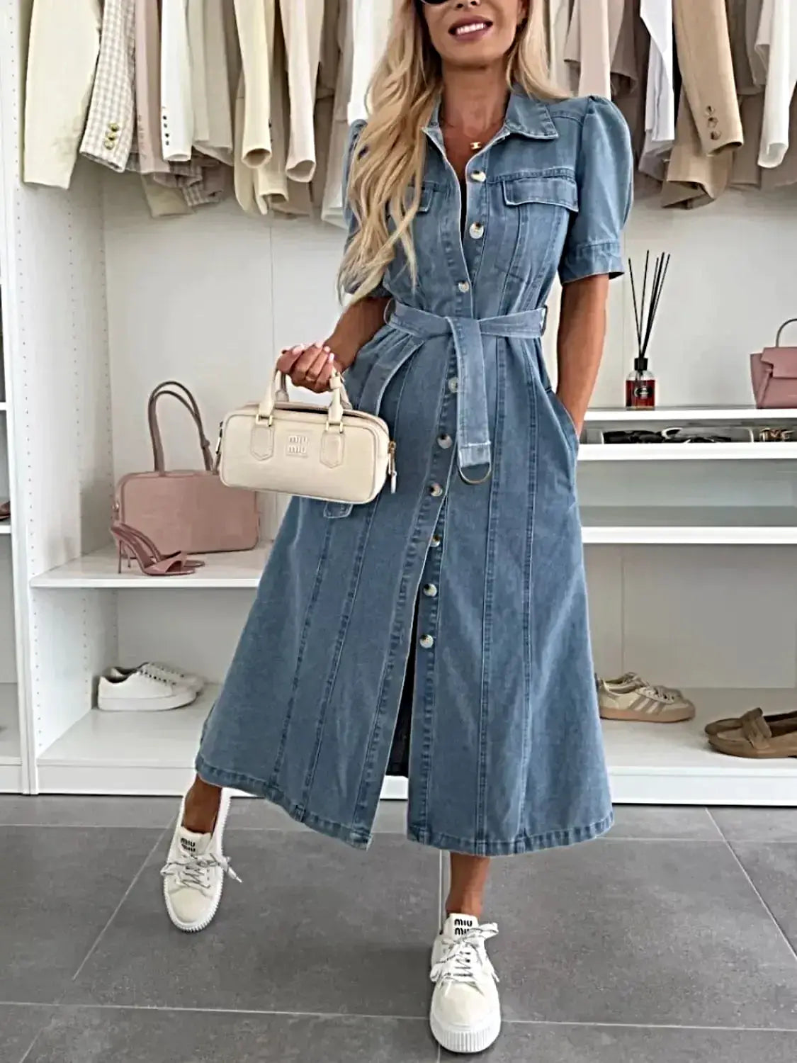 Elegant Puff Sleeve Button Down Belted Denim Midi Dress with Pockets -