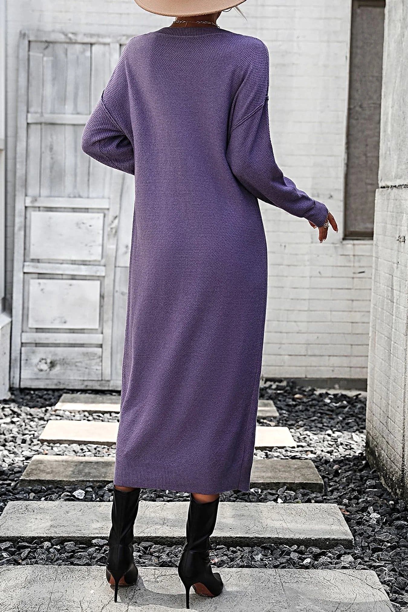 Notched Neck Dropped Shoulder Button-Down Midi Dress -