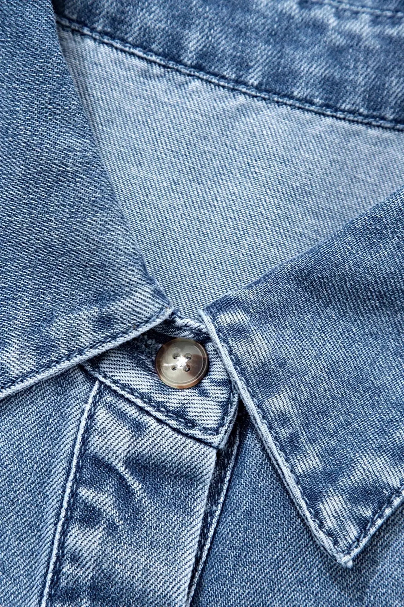 Puff Half Sleeve Collared Denim Shirt -