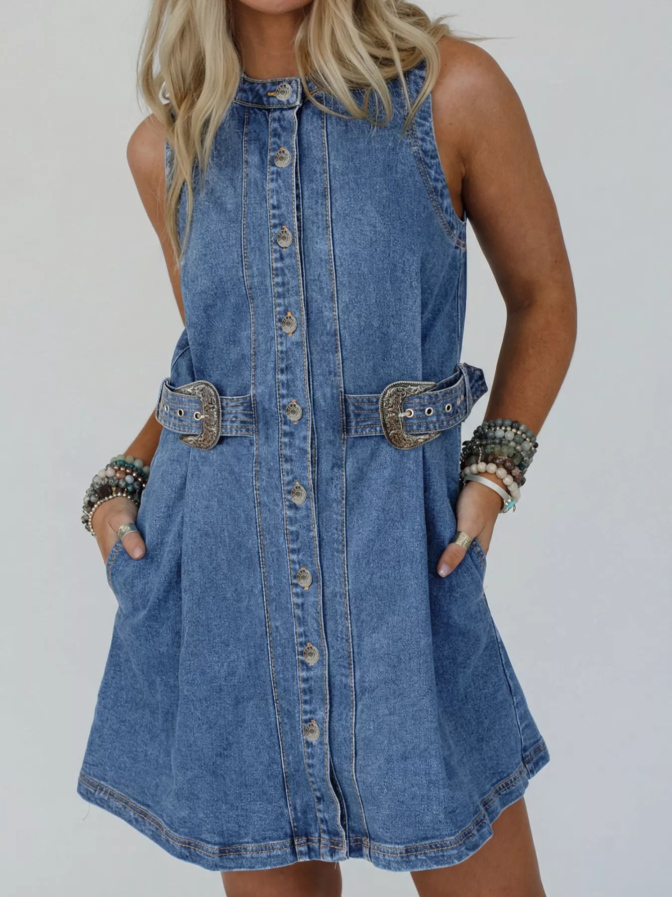 Western Belt Button Down Sleeveless Denim Short Dress -