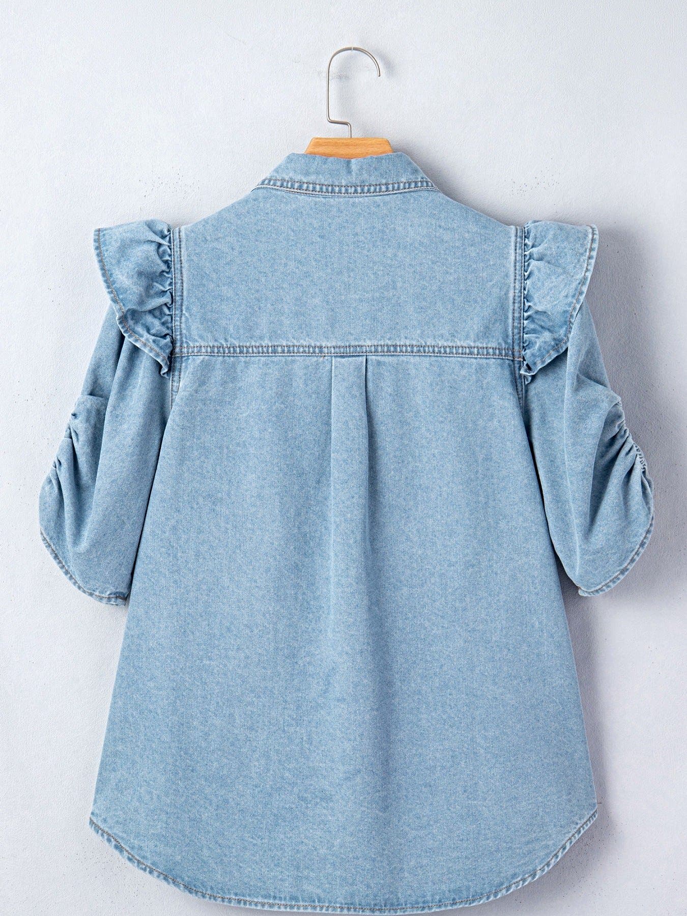 Ruffled Button-Down Denim Shirt -