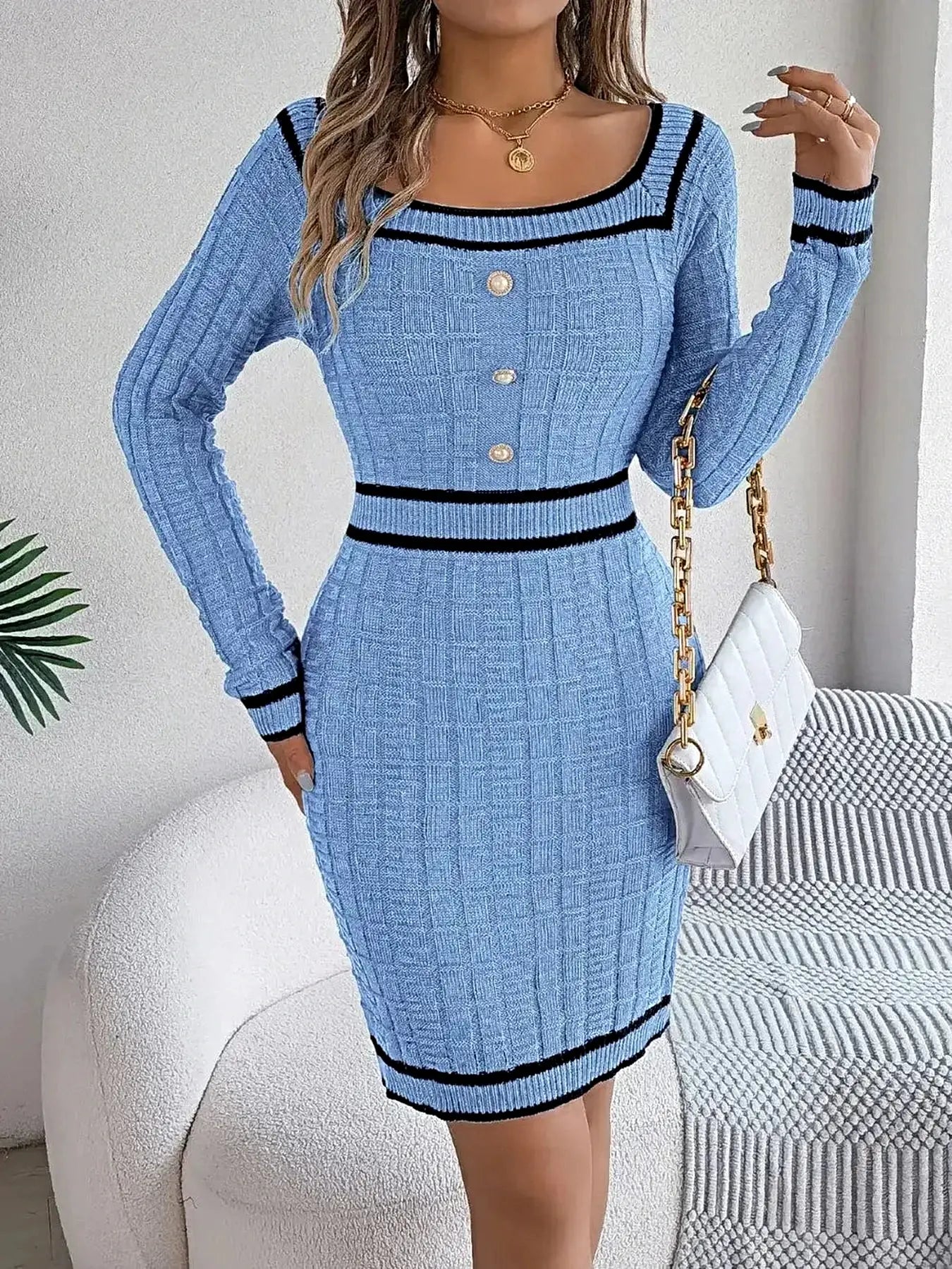 Contrast Trim Long Sleeve Sweater Dress -