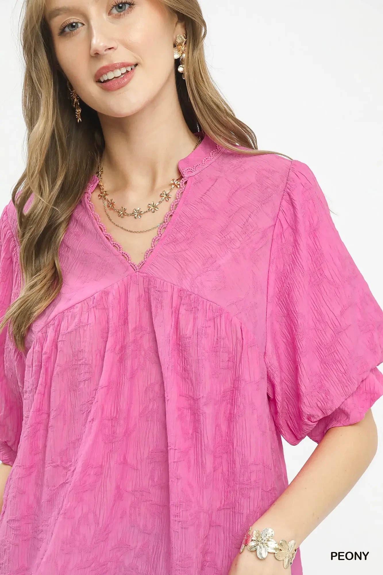 Umgee Textured Lace Trim V-Neck Boho Blouse -