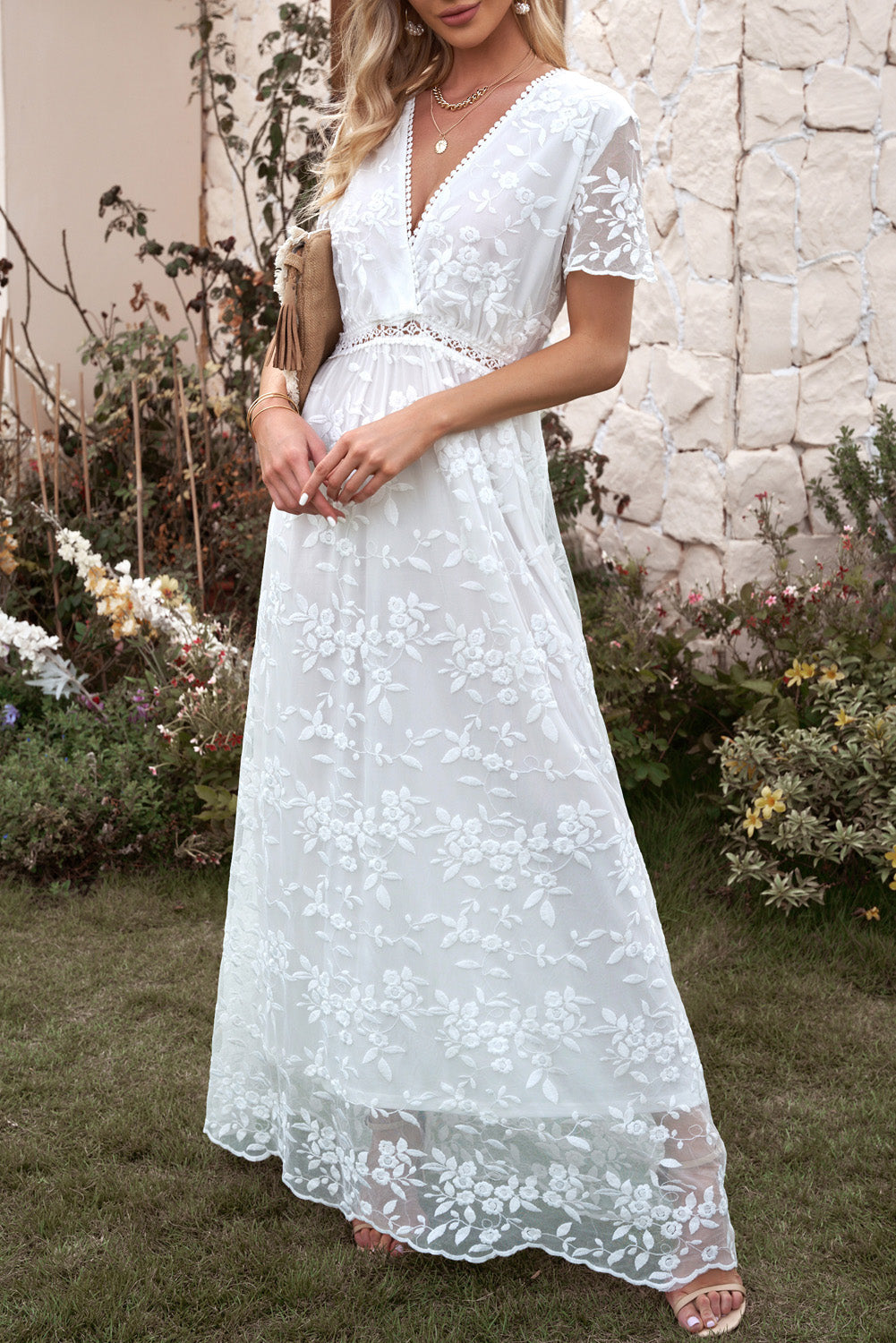 Embroidered Short Sleeve Surplice Neck Maxi Dress Trendsi