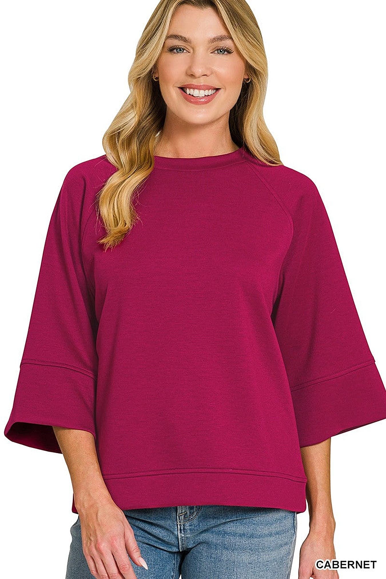 Zenana Scuba 3/4 Sleeve Pullover -