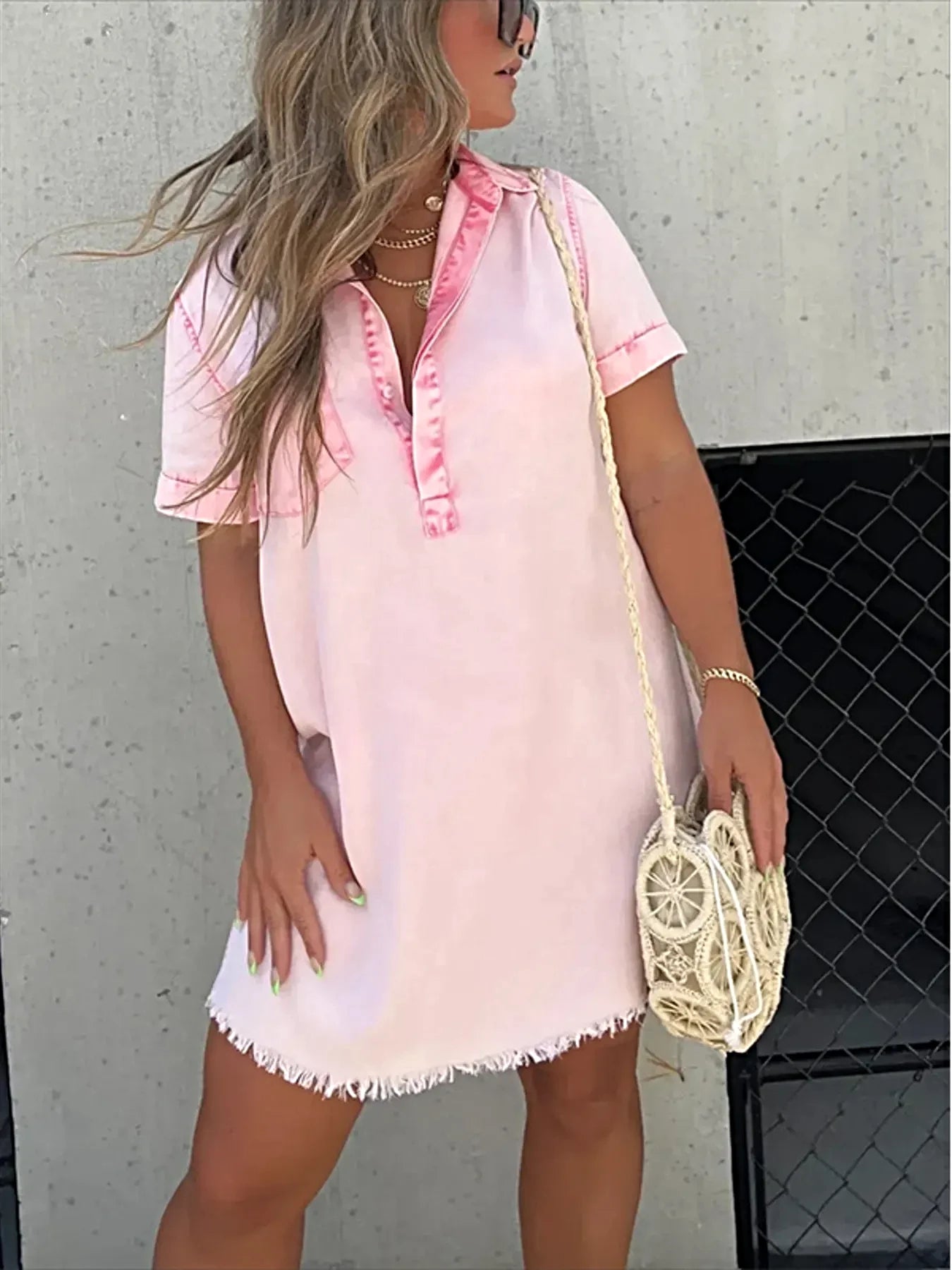 Full Size Raw Hem Short Sleeve Denim Dress Plus Size -