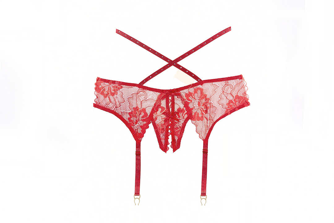 Allure 2-8602B Charlotte Crotchless Garter Panty in Red with Rhinestone Accents Allure Lingerie