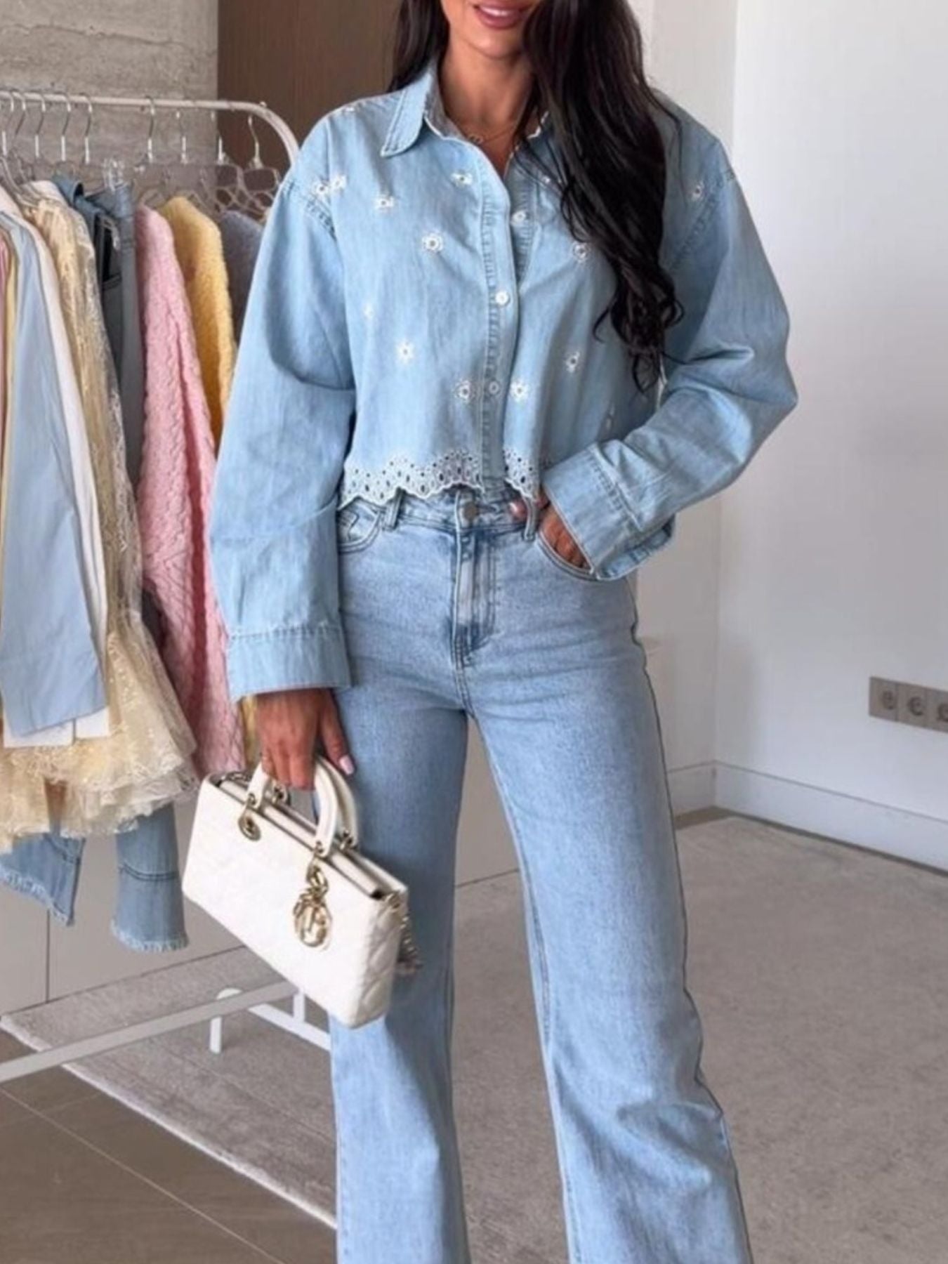 Embroidered Cropped Denim Shirt -
