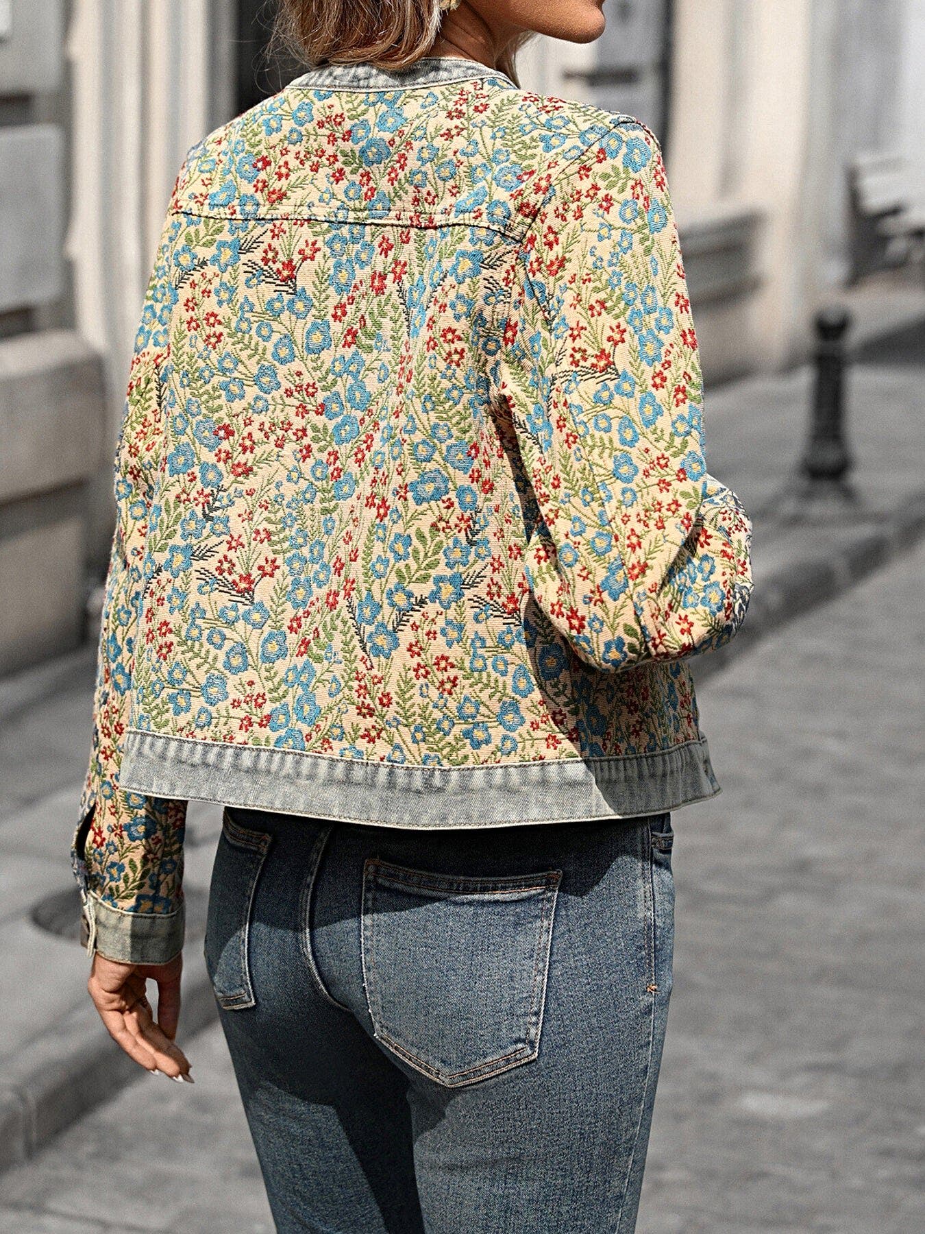 Floral Embroidered Button Up Denim Jacket -