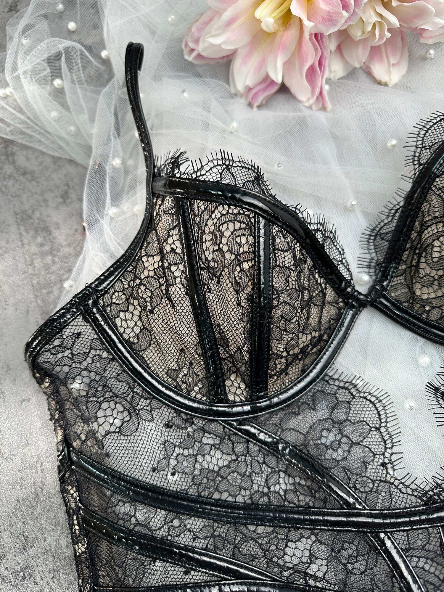 Seductive Black Patent Leather Lingerie Set - 2 pcs set