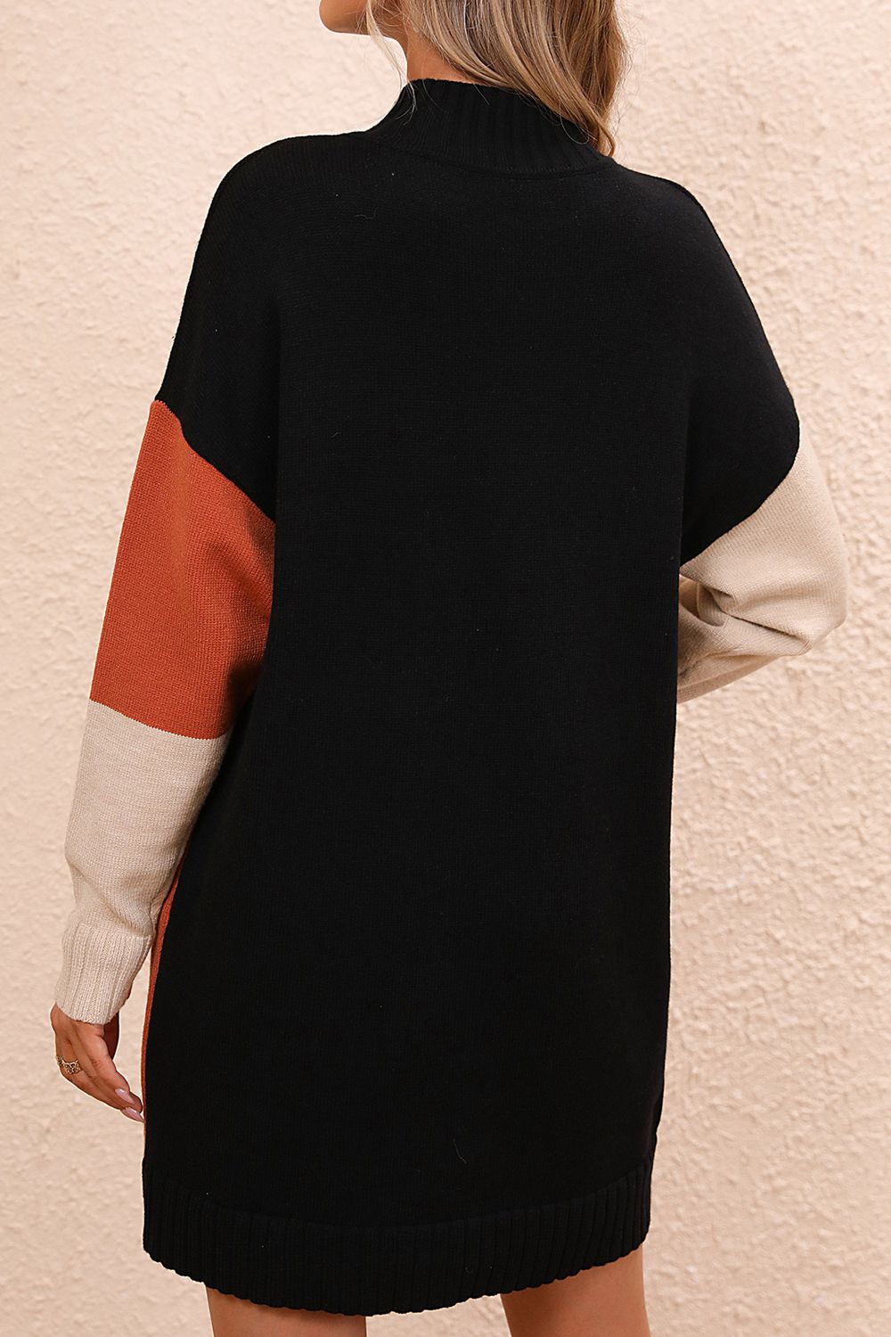 Stylish Color Block Sweater Dress with Mock Neck and Dropped Shoulders - Casual Mini Length Trendsi