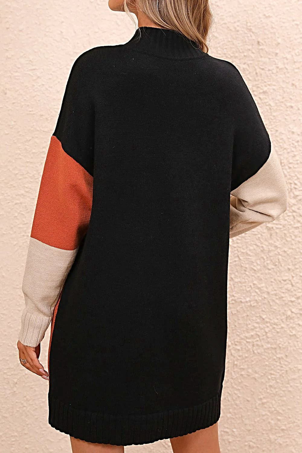 Stylish Color Block Sweater Dress with Mock Neck and Dropped Shoulders - Casual Mini Length Trendsi