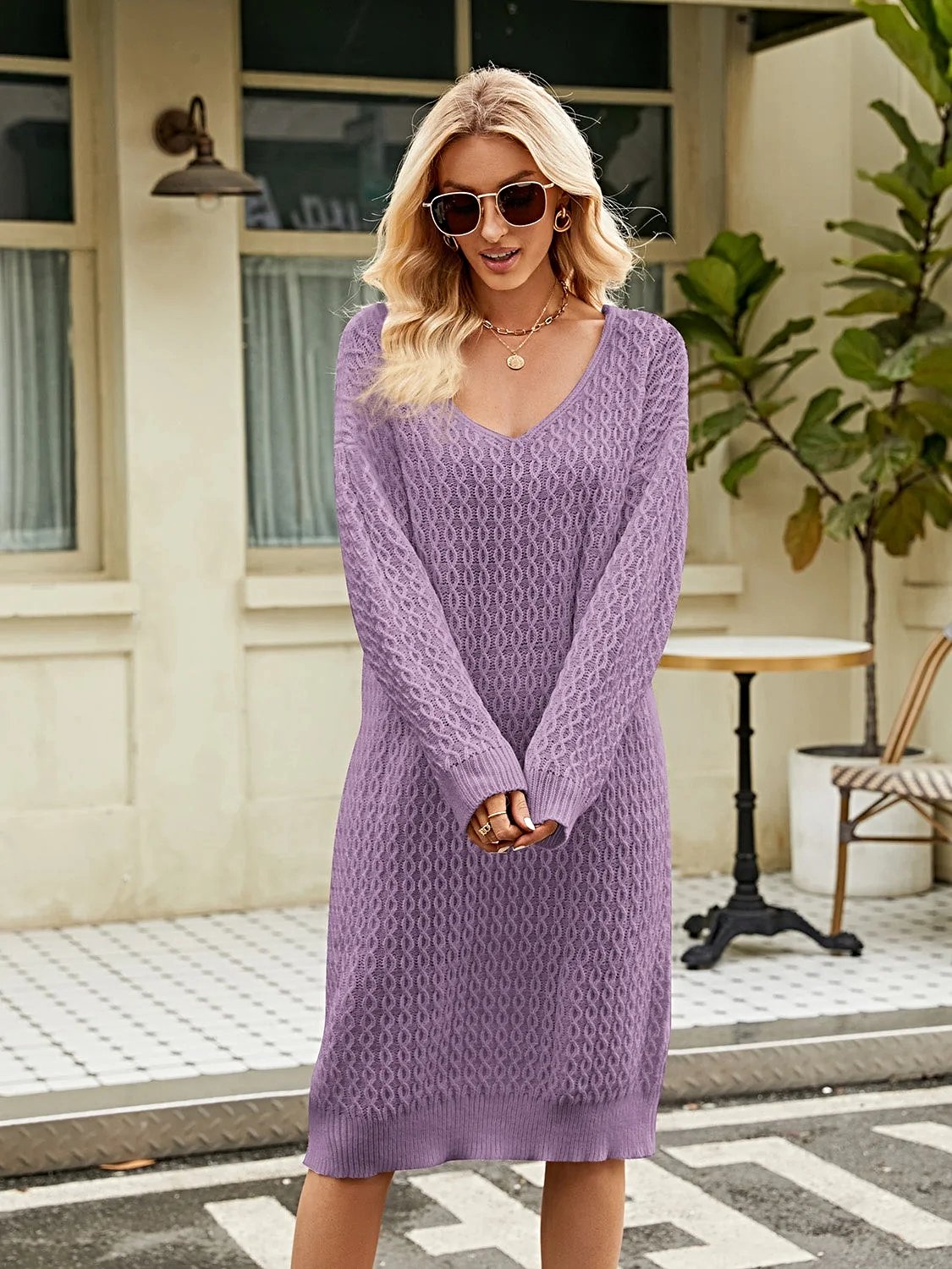 V-Neck Long Sleeve Sweater Dress -