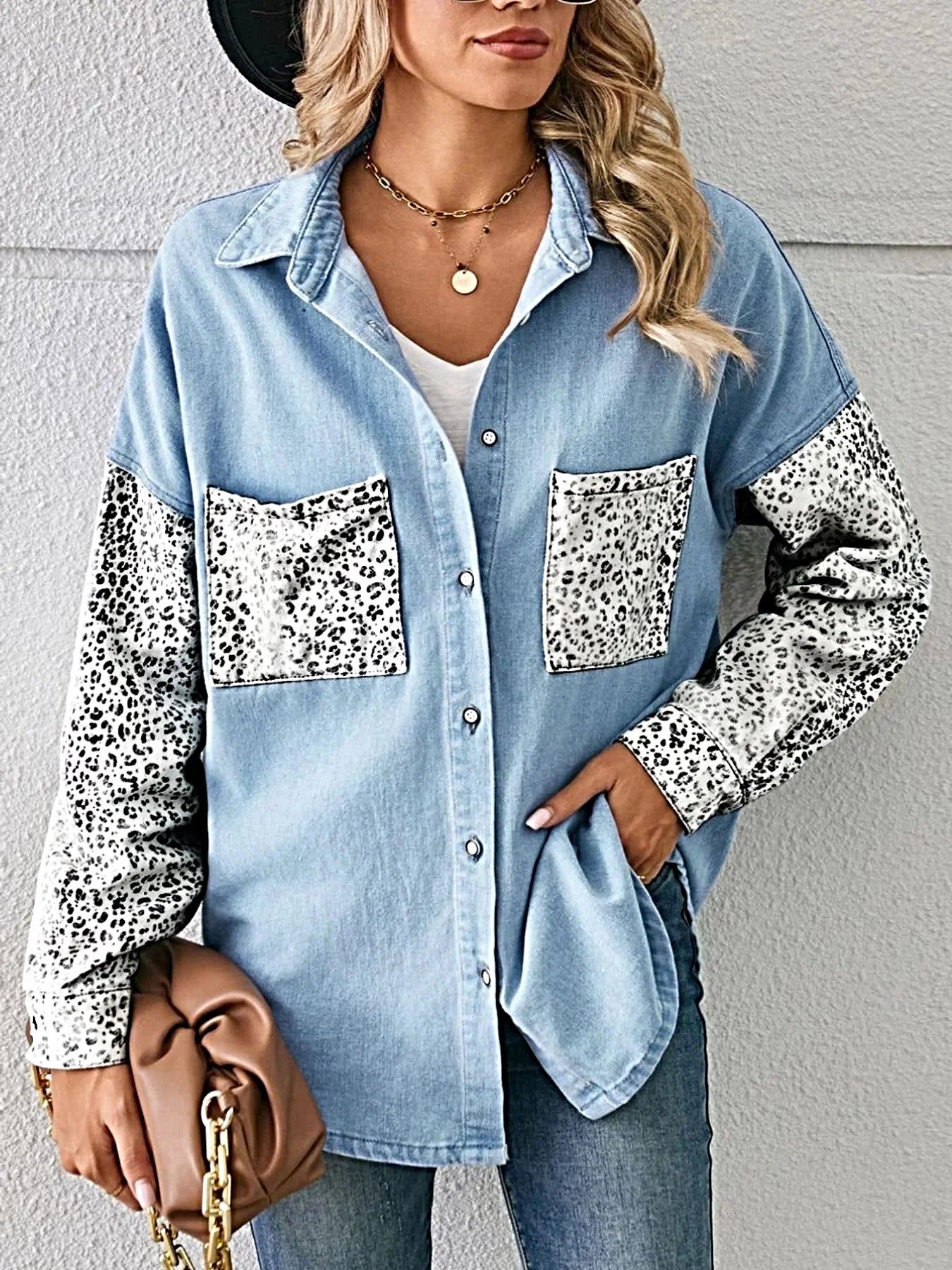 Leopard Patchwork Button Up Denim Shirt -