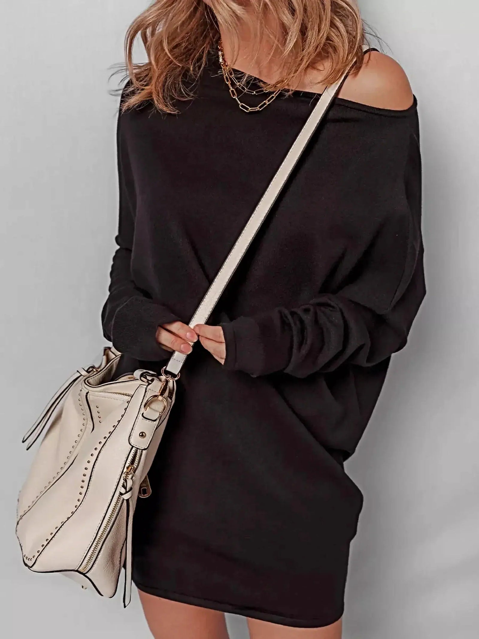 Asymmetric Neck Batwing Sleeve Shift Mini Sweater Dress -