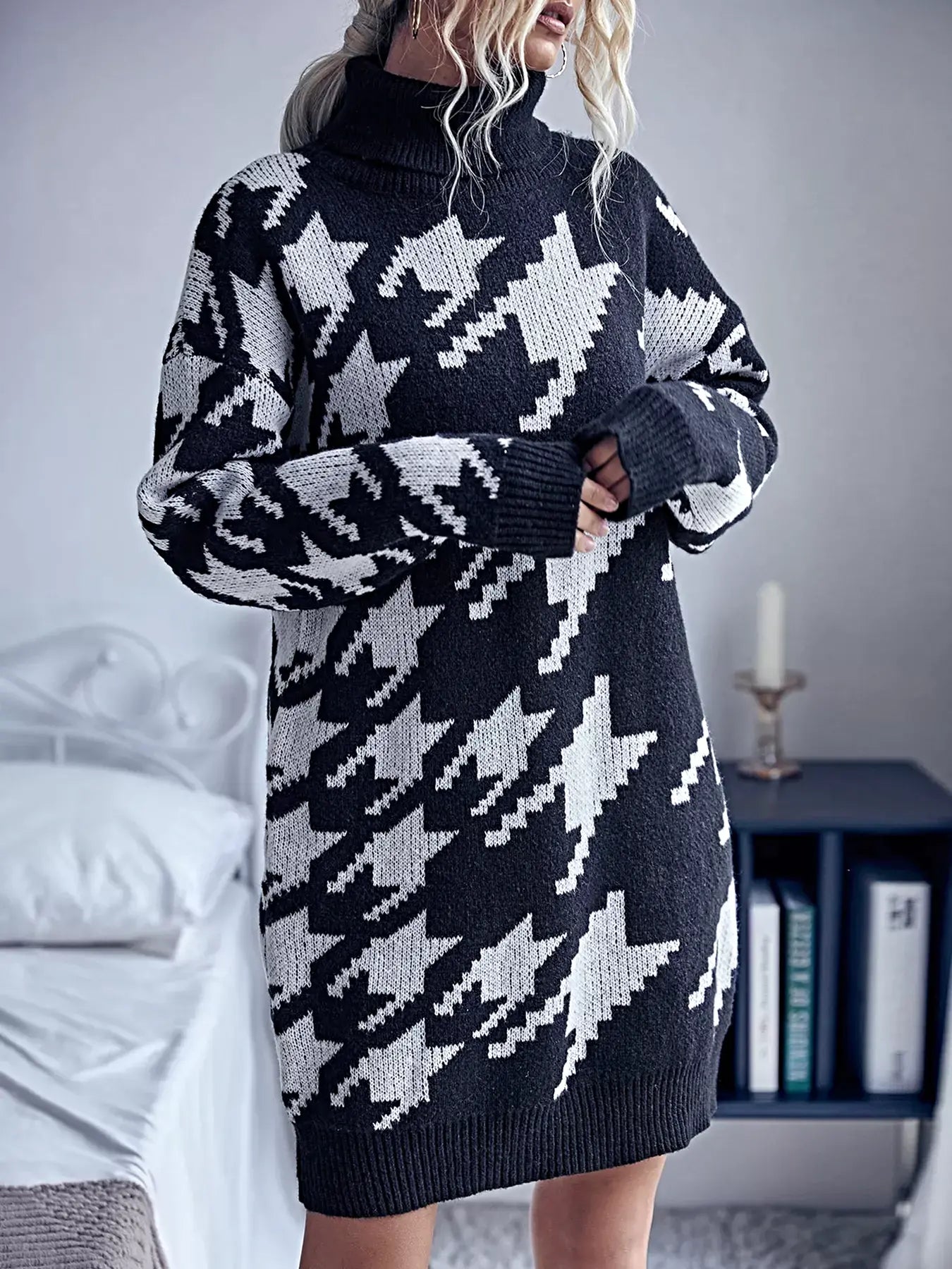 Houndstooth Pattern Turtleneck Sweater Dress -
