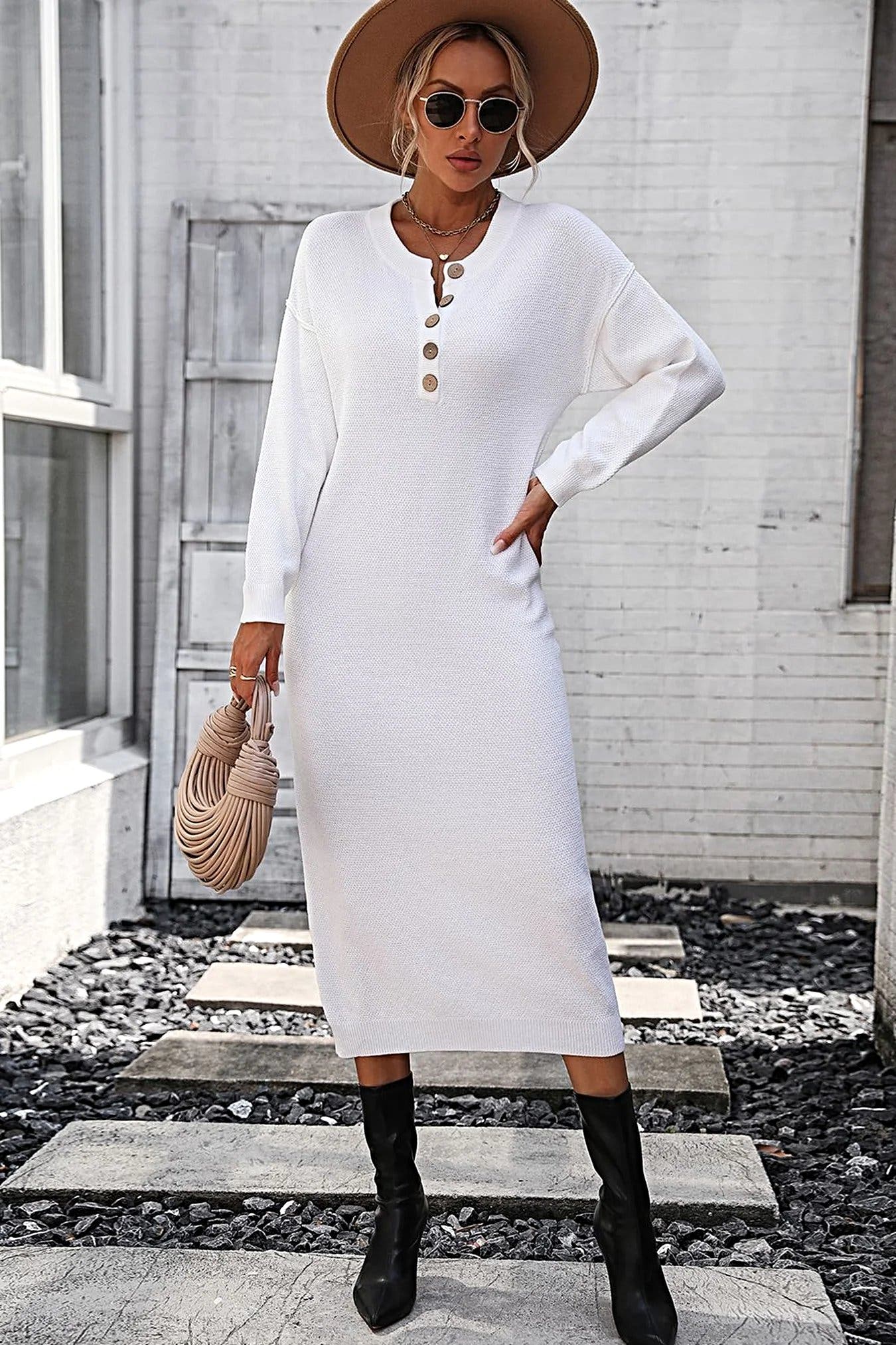 Notched Neck Dropped Shoulder Button-Down Midi Dress -