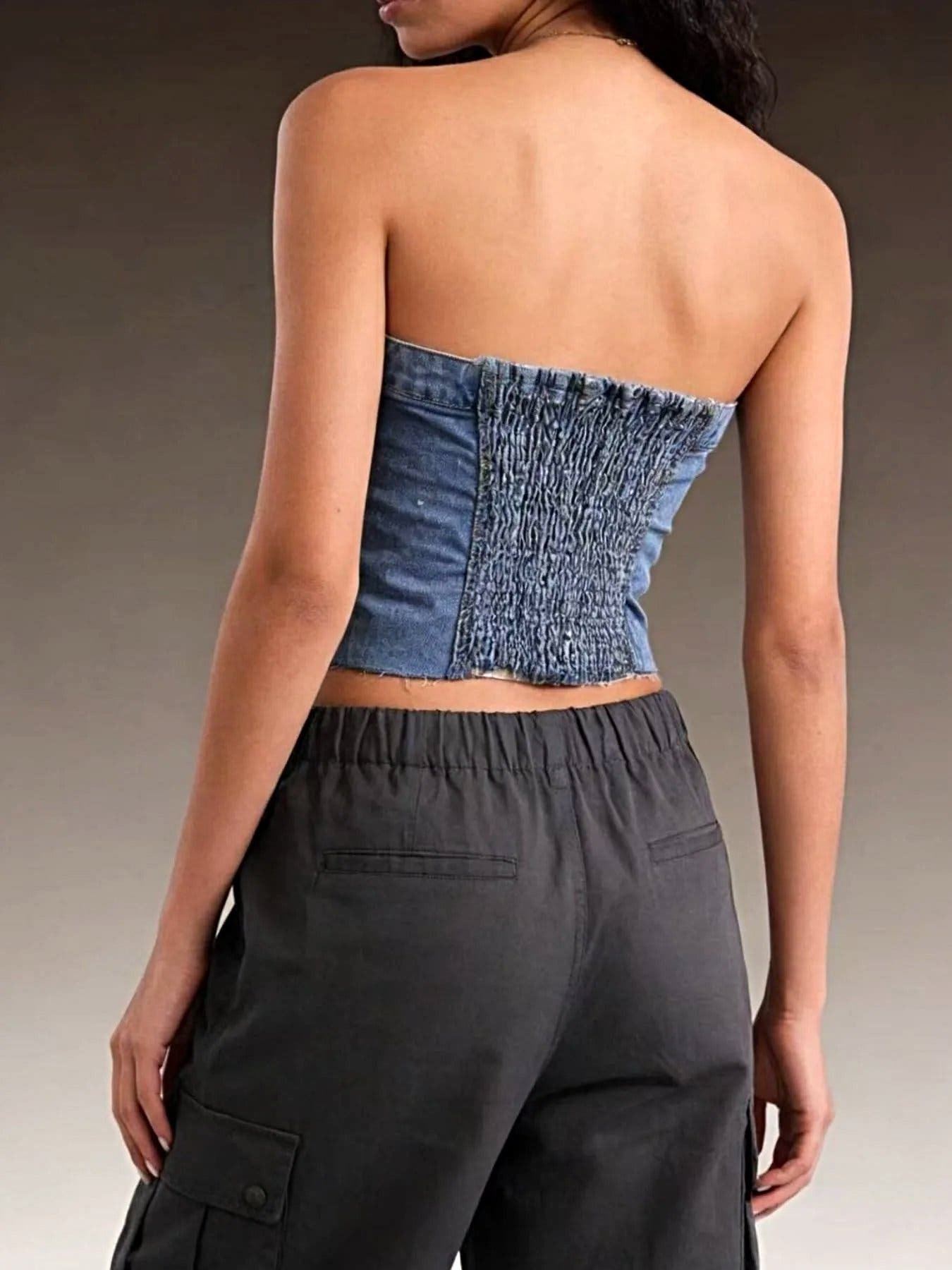 Button-Front Strapless Denim Top -
