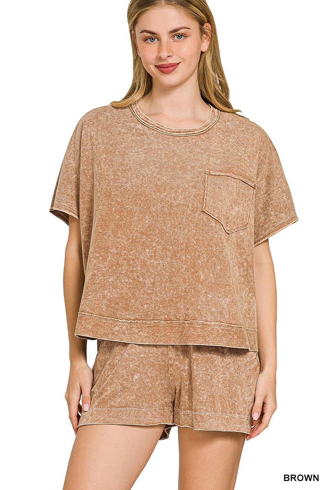Zenana Halo Snow Washed Boxy Top & Shorts Set -
