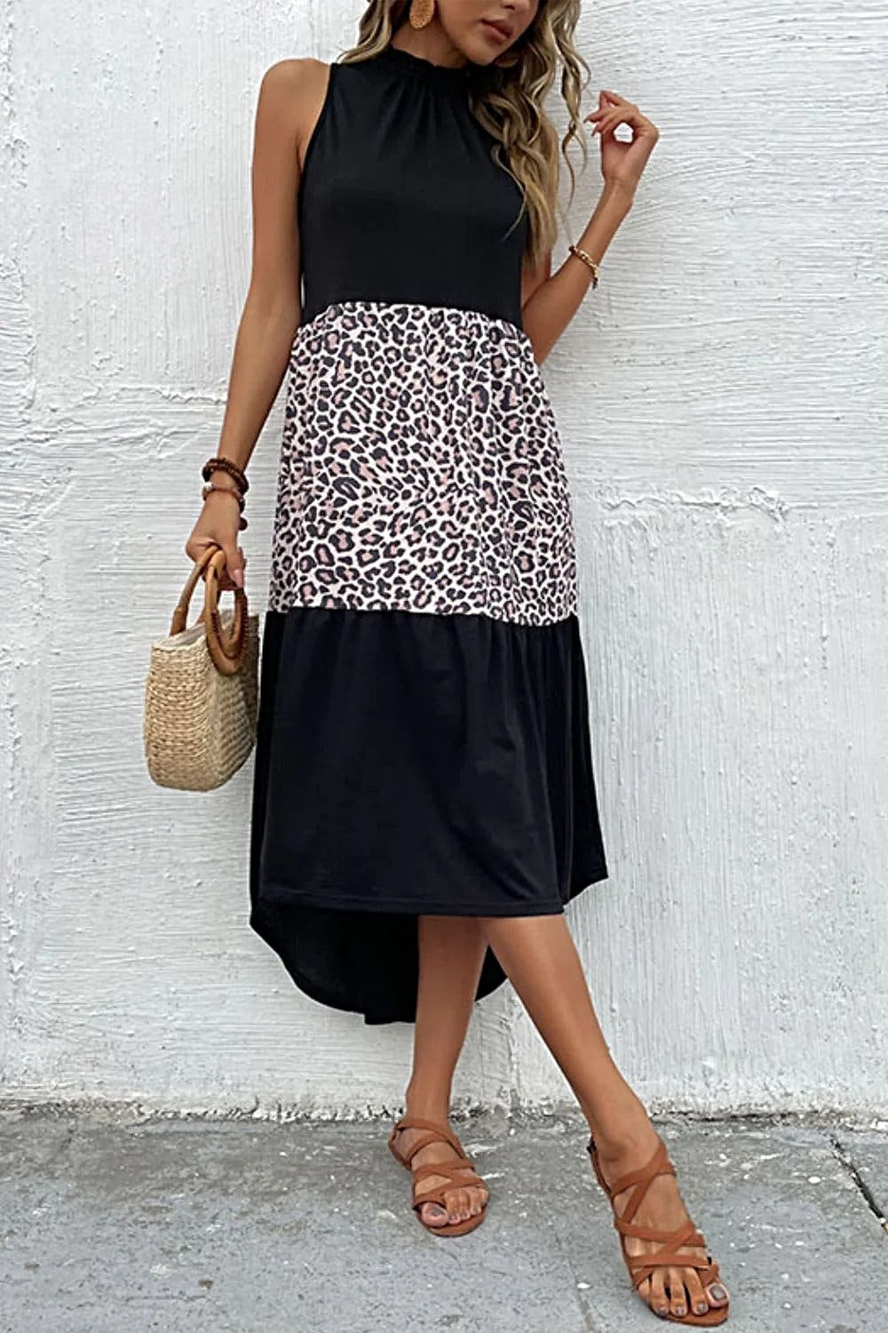 Perfee Leopard Contrast Sleeveless Maxi Dress -
