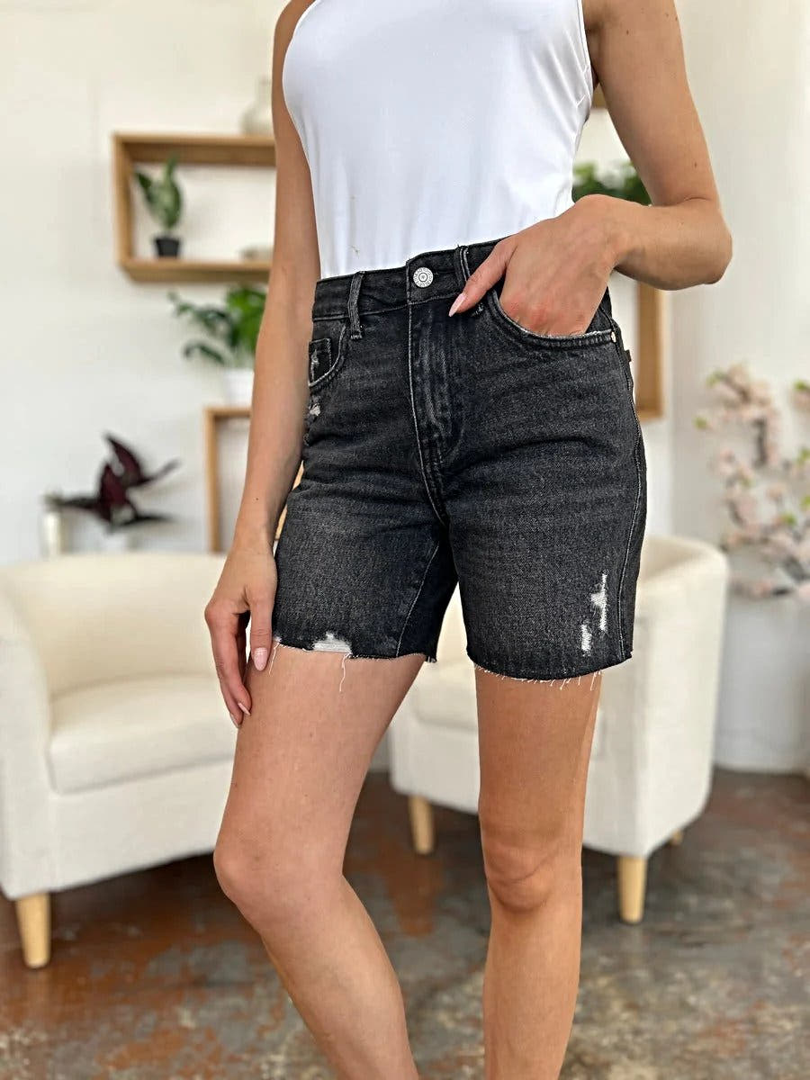Judy Blue High Waist Denim Shorts - Full Size, Rigid Magic Fit with Raw Hem, Elevate Your Summer Style Trendsi