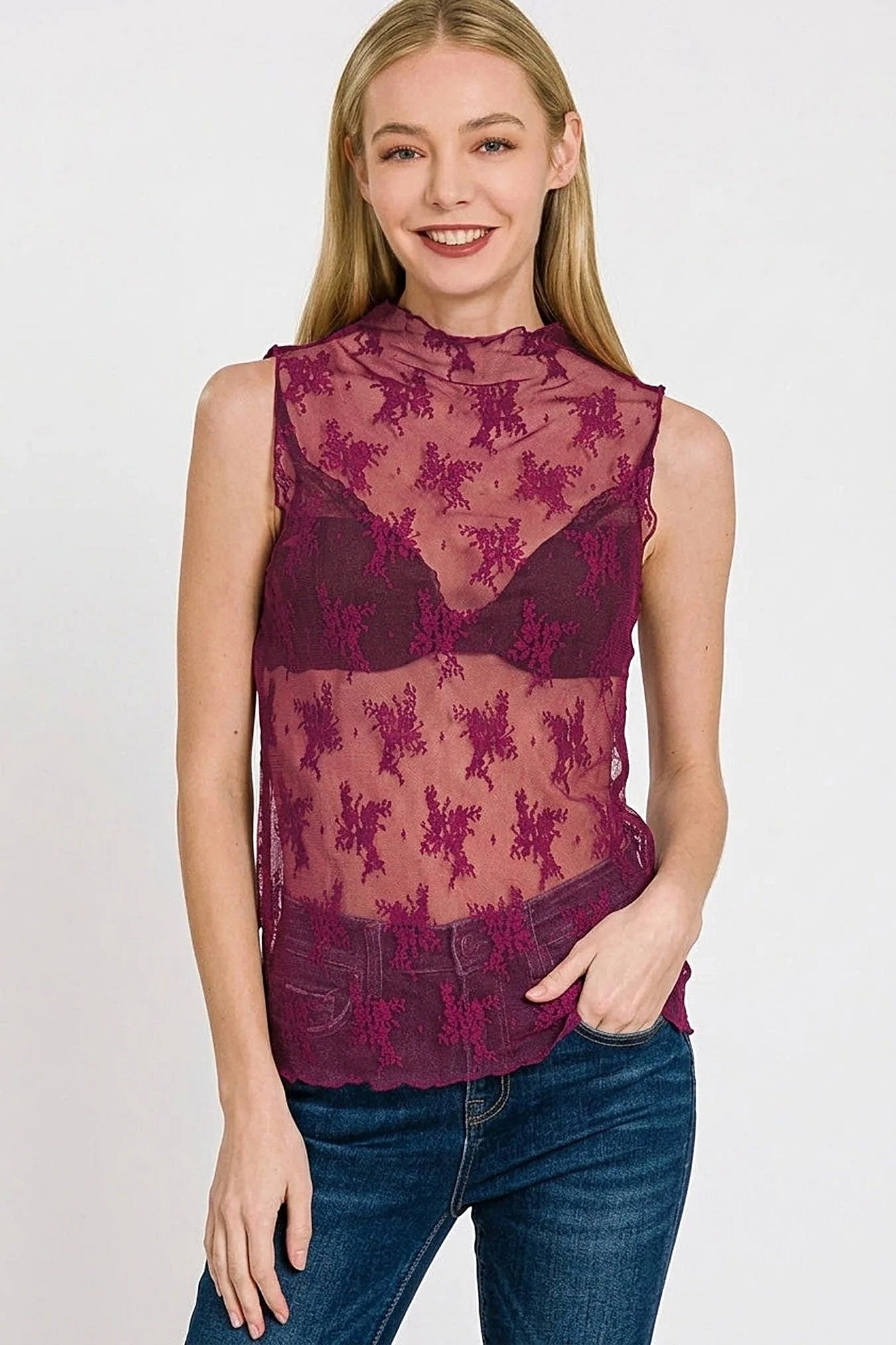 Zenana Lace See-through Layering Sleeveless Top -