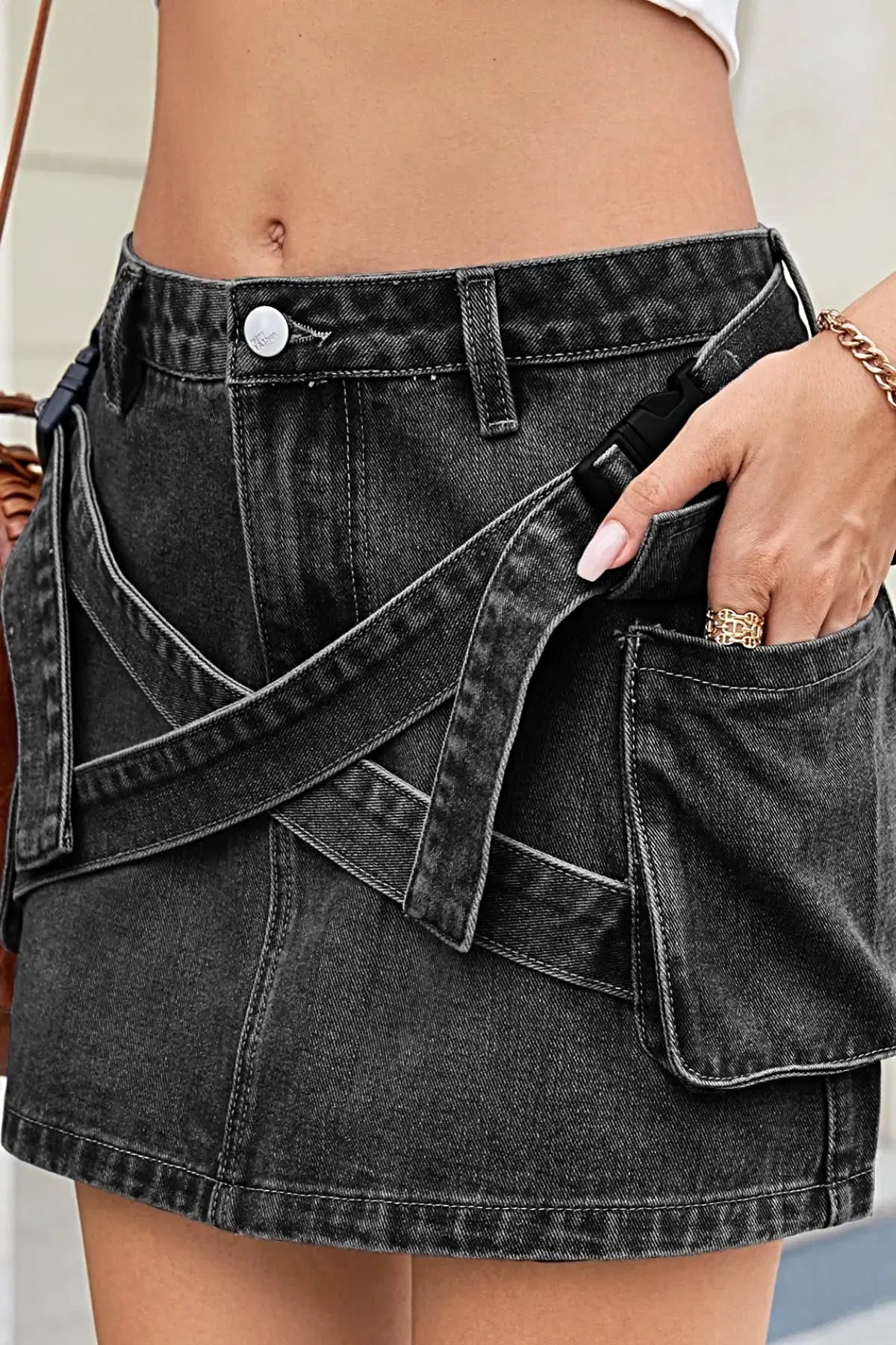 Criss-Cross Waist Detail Denim Mini Skirt -
