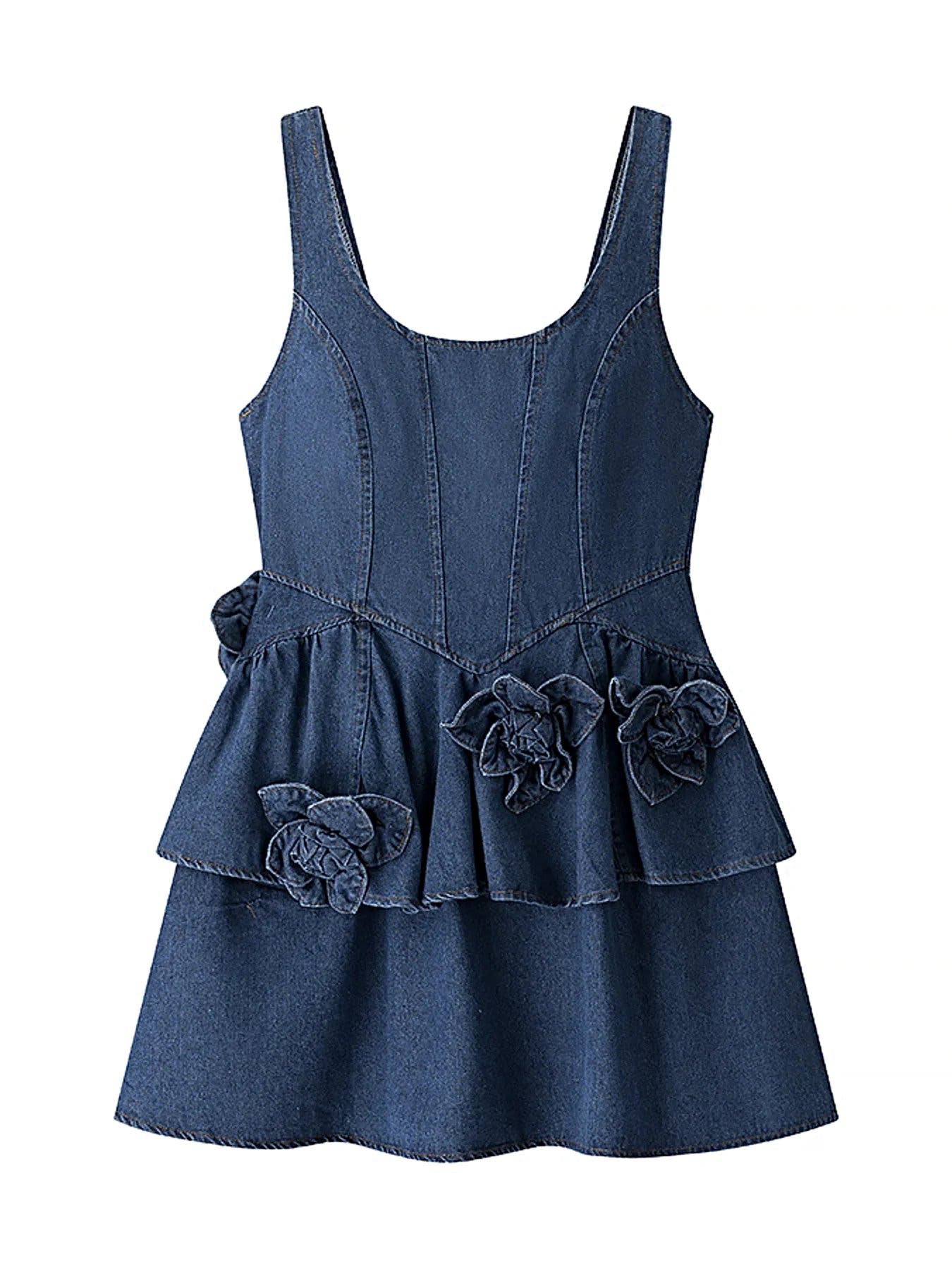 Floral Ruffle Layered Denim Dress -