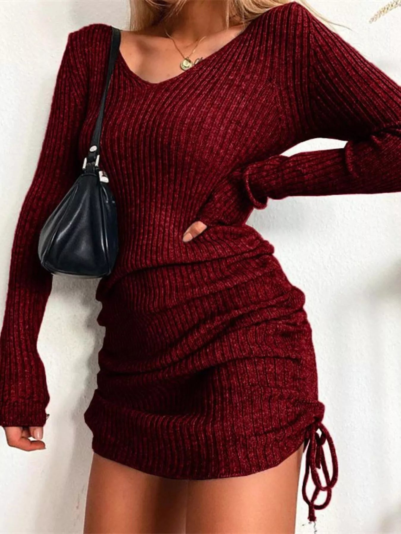 Full Size Ribbed Knit Drawstring Bodycon Sweater Dress Plus Size -