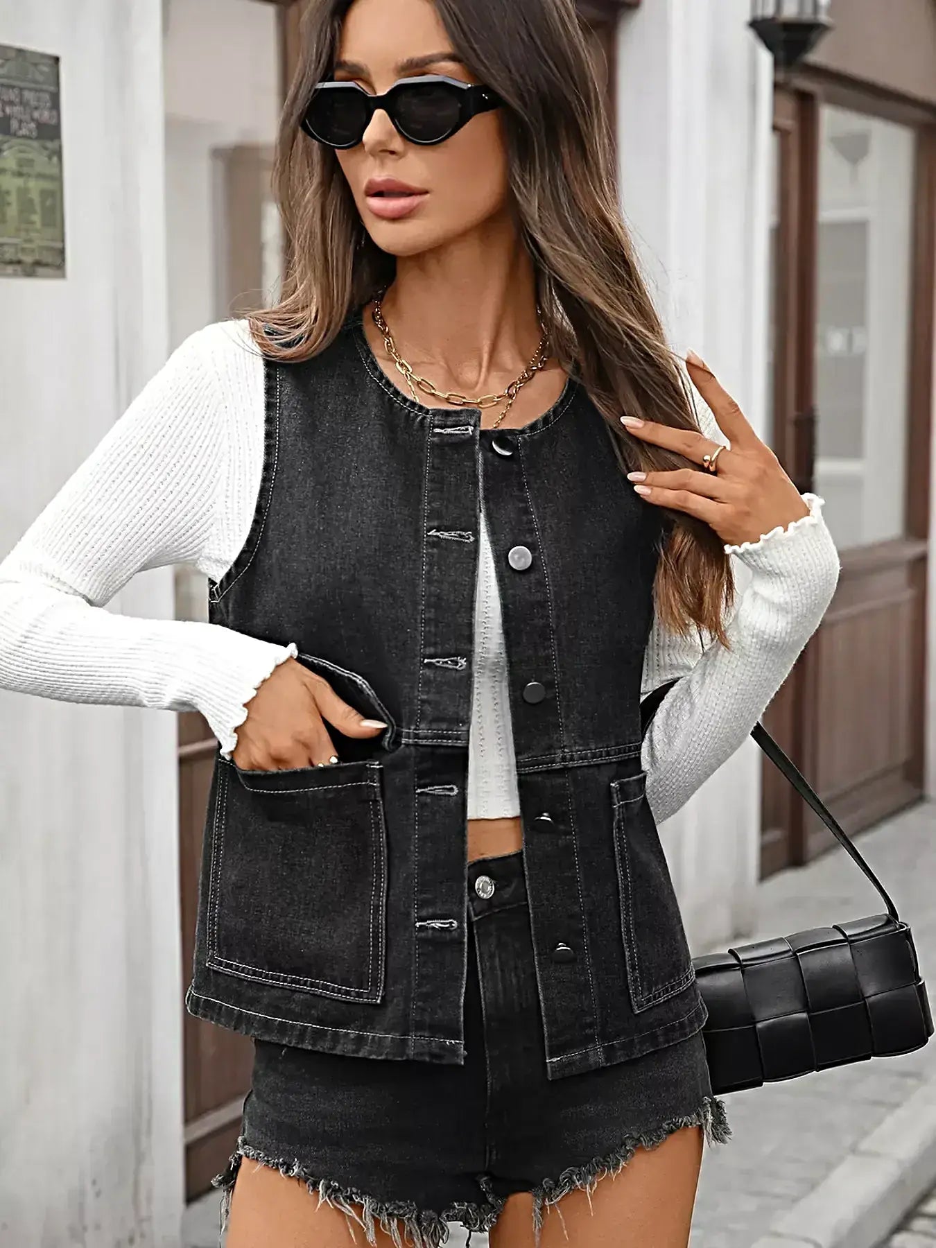 Chic Denim Button Vest with Pockets - Slightly Stretchy, Premium Rayon Blend