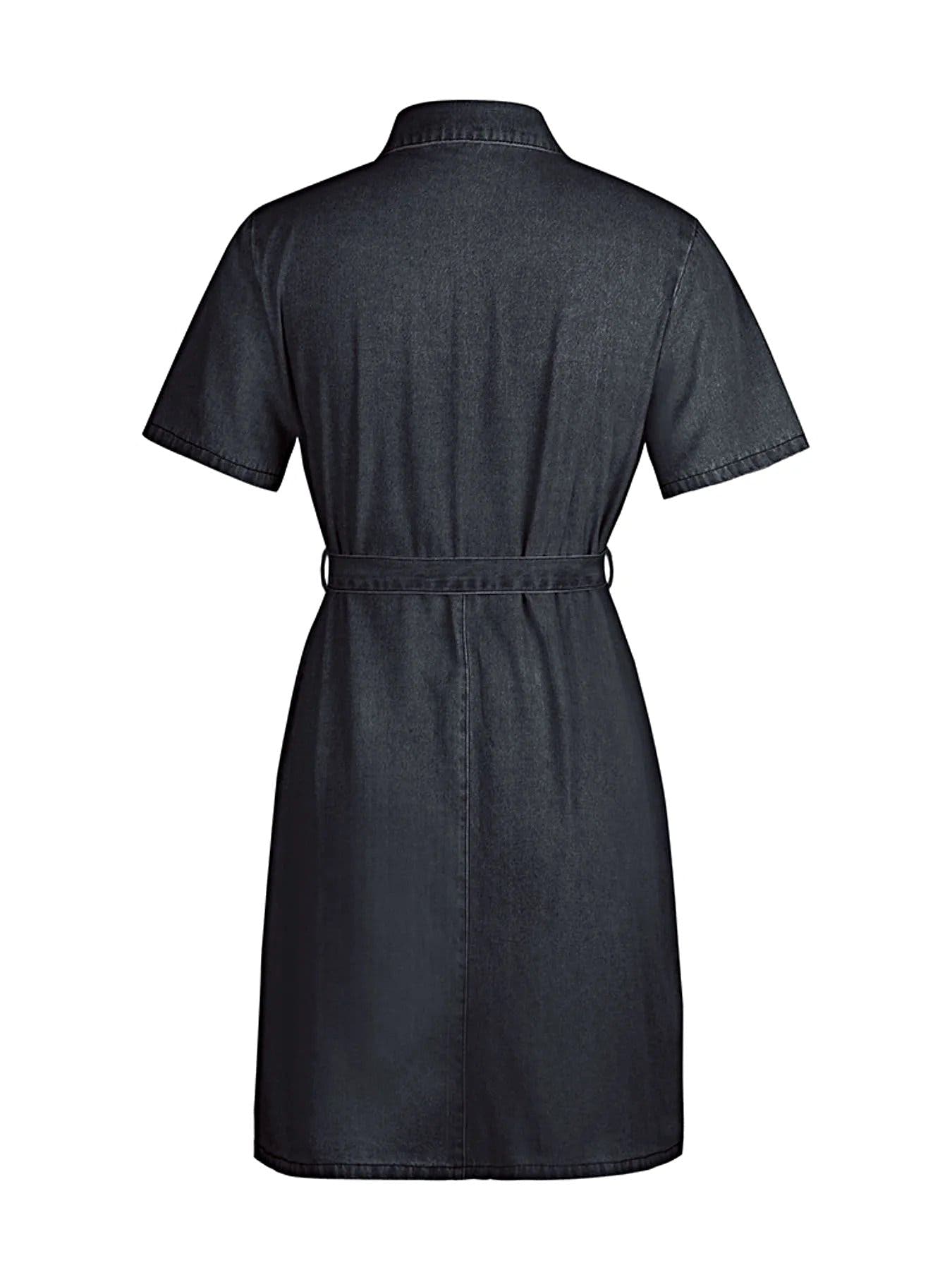 Zip Front Short Sleeve Denim Dress -