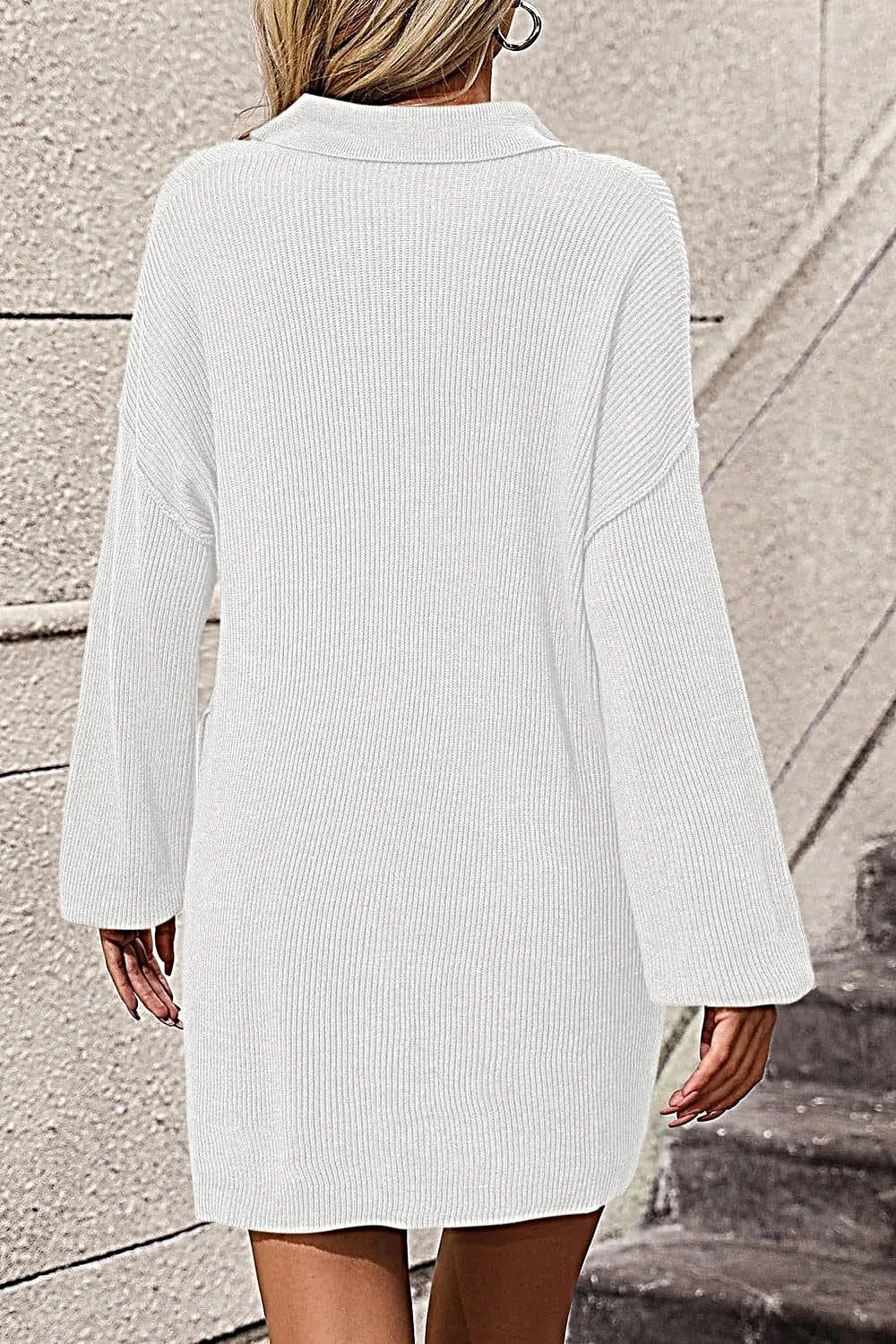 Luxury Drop Shoulder Sweater Dress with Johnny Collar, Pockets, and Buttoned Design Trendsi