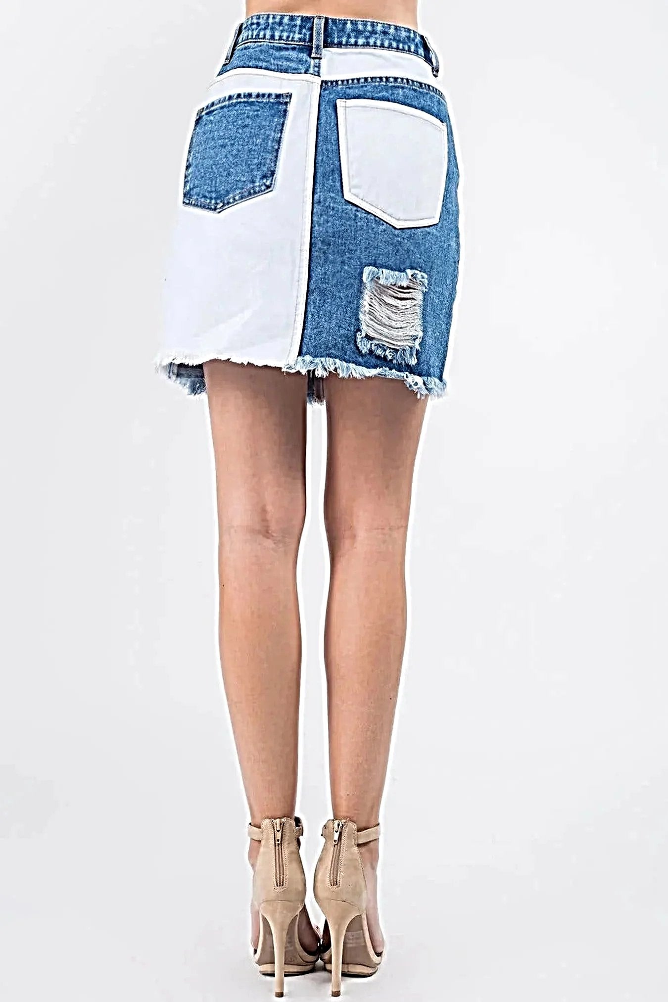 Trendy Distressed Denim Skirt with Contrast Patches and Frayed Hem for Edgy Style Trendsi